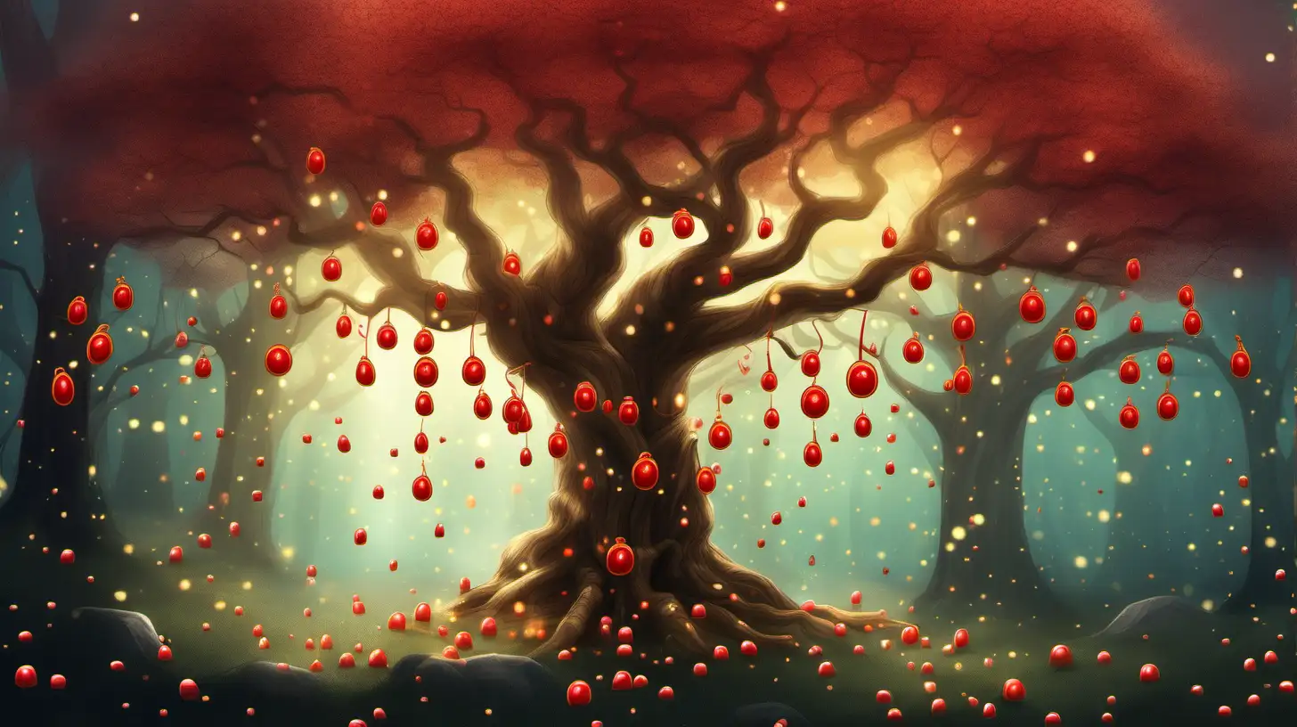 illustrate a tree a tree, whose fruits are little red candys, shining tree in the magical forest