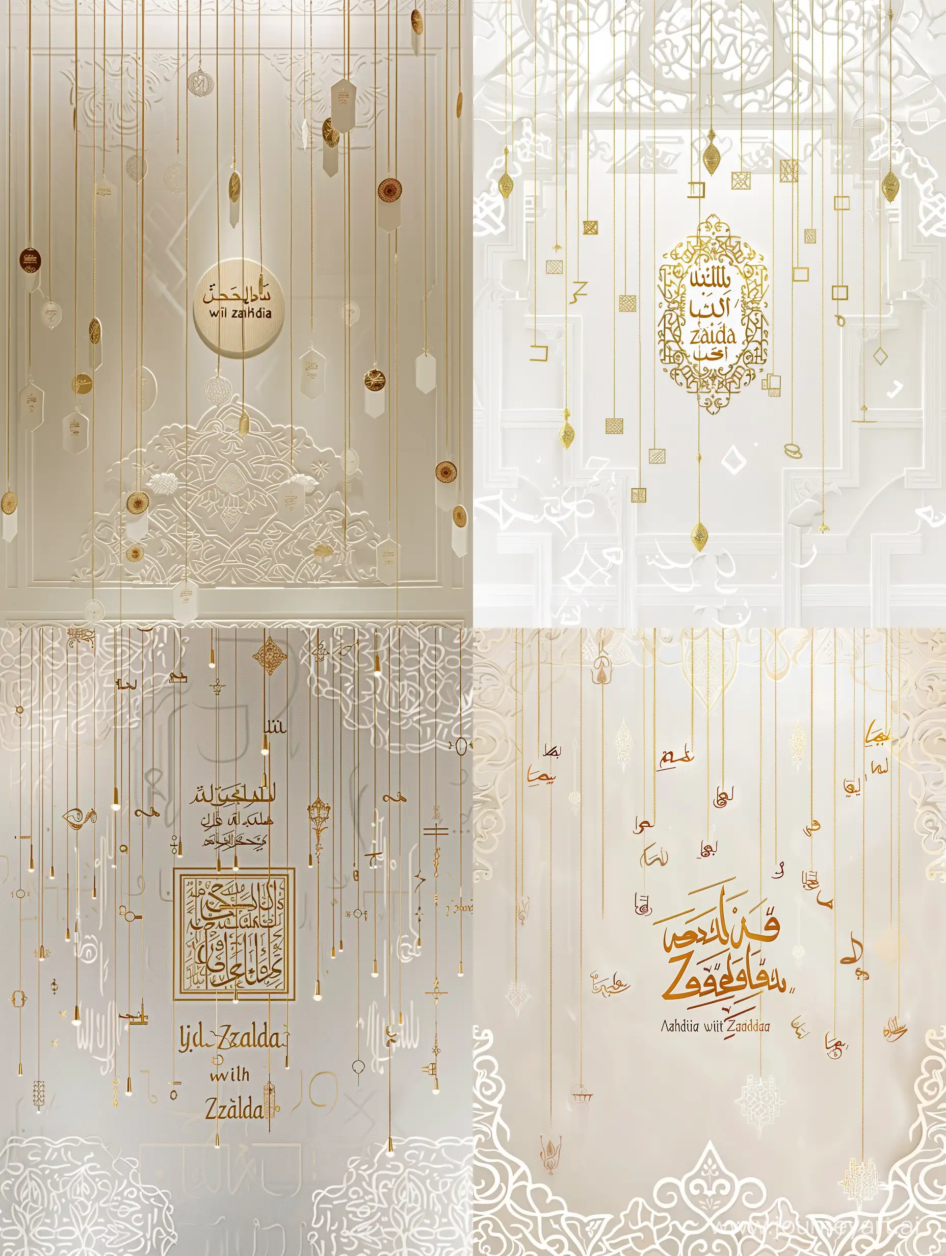Different Arabic letters are suspended on thin gold threads hanging from the ceiling, the center is gold text "Arabic with Zahida", the background oriental patterns are white --ar 3:4 --v 6.0