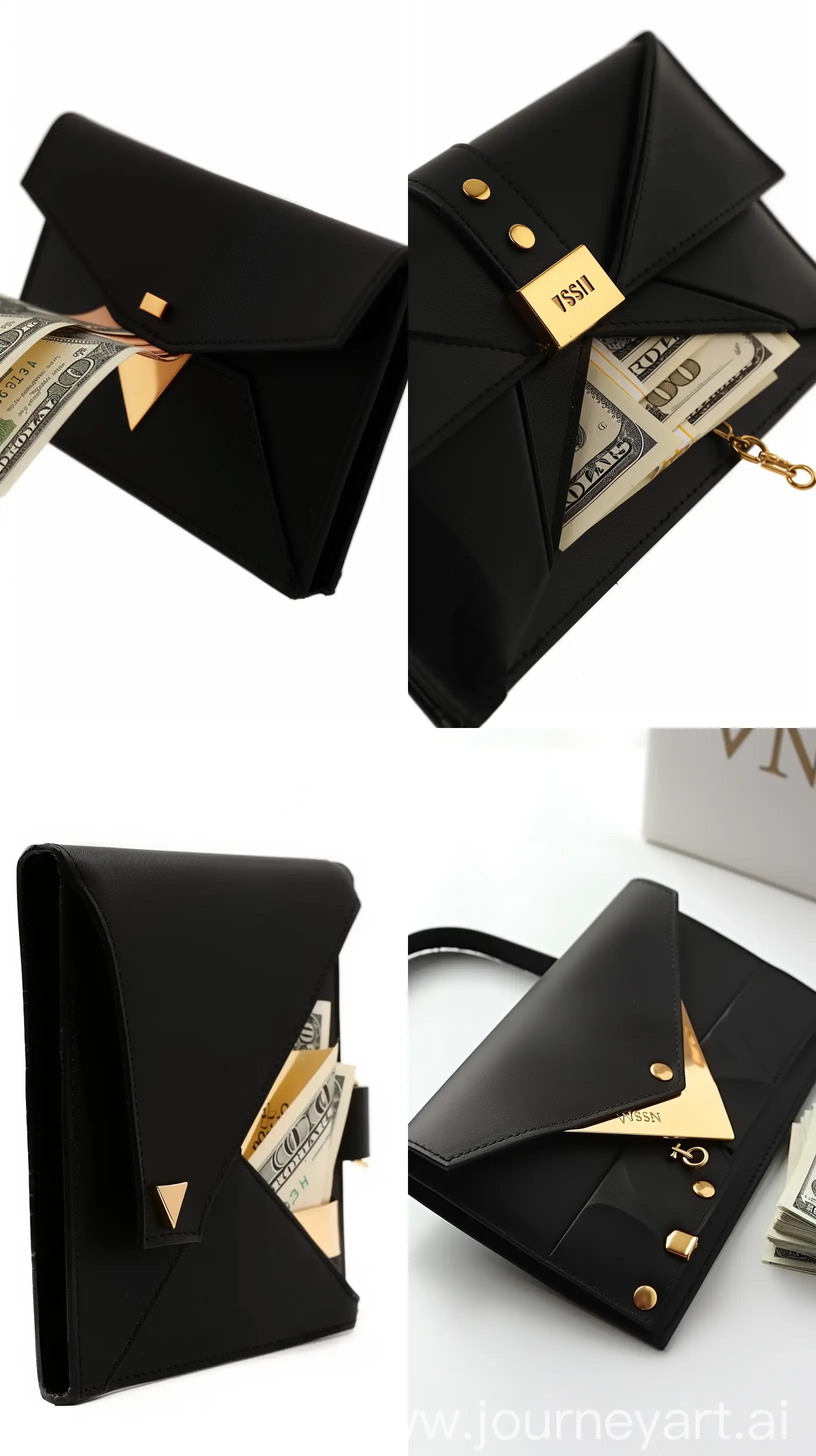 Black Vissin Leather Women's Wallet with 100-dollar bills coming out, white background, 35mm --sref https://i.pinimg.com/736x/d4/ed/aa/d4edaaaf095c549b39db07cbef618969.jpg --v 6 --ar 9:16