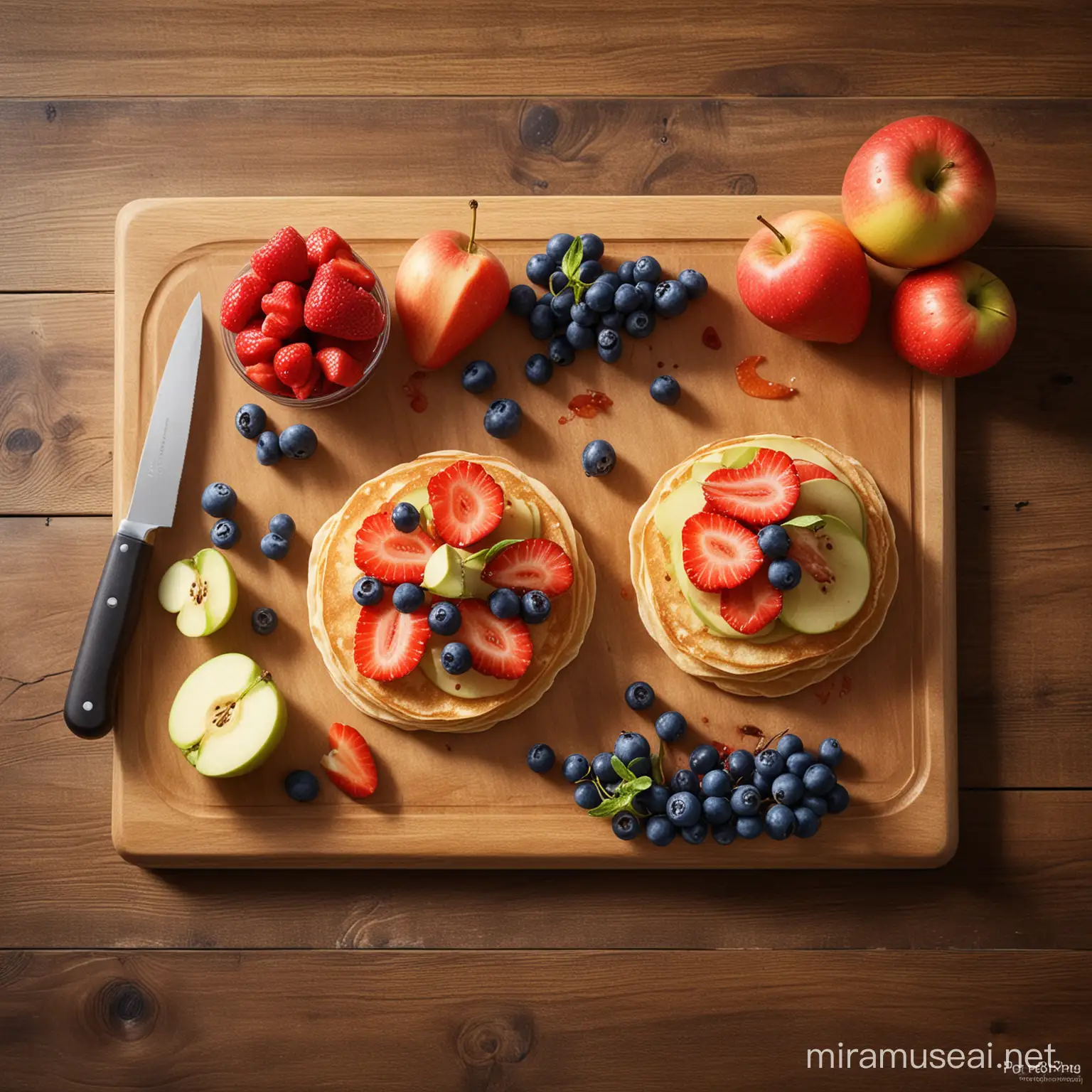 User
/imagine prompt: Przygotowanie owoców do placuszków bogatych w żelazo, pokazujące truskawki, borówki i plasterki jabłka. Owoce są krojone na mniejsze kawałki na drewnianej desce do krojenia, obok nich leży nóż kuchenny. Scena uchwytuje świeże, żywe kolory owoców. na fotografii niech będą 3 placki. przepis ten skierowany jest dla dzieci. Created Using: fotografia wysokiej rozdzielczości, żywe kolory, naturalne otoczenie kuchenne, szczegółowe zbliżenie, realistyczna tekstura i oświetlenie owoców --ar 1:1
