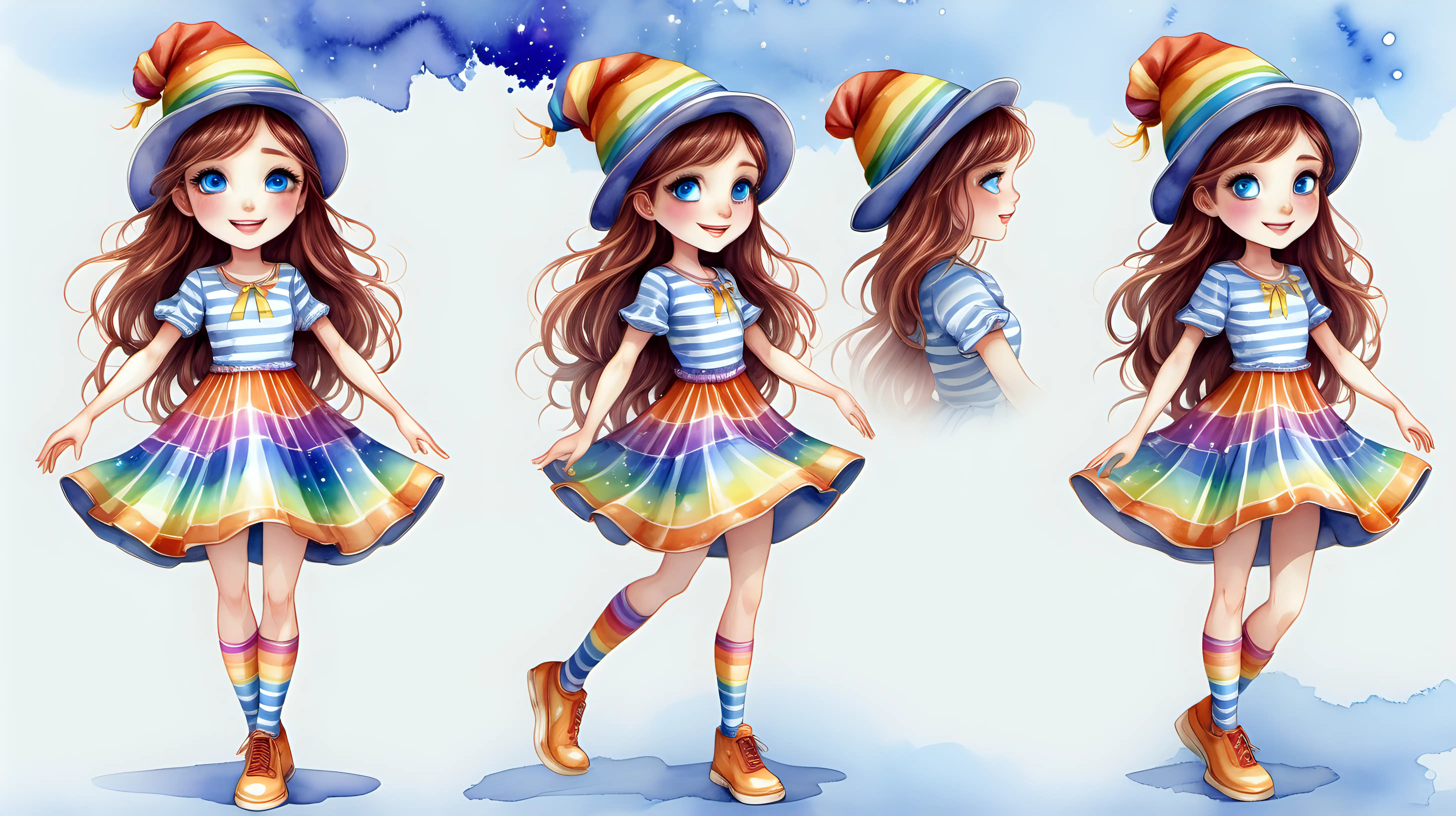 very vivid image of Lila Luise She has long, chestnut brown hair that flows freely, often seen dancing in the breeze. Her eyes are a striking shade of blue, reminiscent of a clear summer sky.
Clothing: Lila wears a whimsical hat striped with vibrant colors, like a rainbow. Her outfit is playful and colorful, suitable for an adventurous young girl. She sports a pair of shoes that sparkle as if they were sprinkled with stardust, adding a magical touch.
Expression: Lila’s face is often lit up with a bright, curious smile, reflecting her adventurous and joyful spirit. watercolor style character sheet, full body