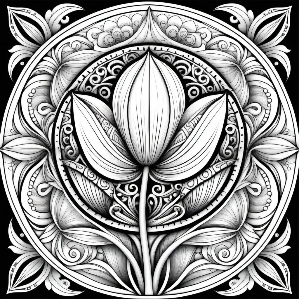 tulip flower with mandalla design for black and white coloring book page