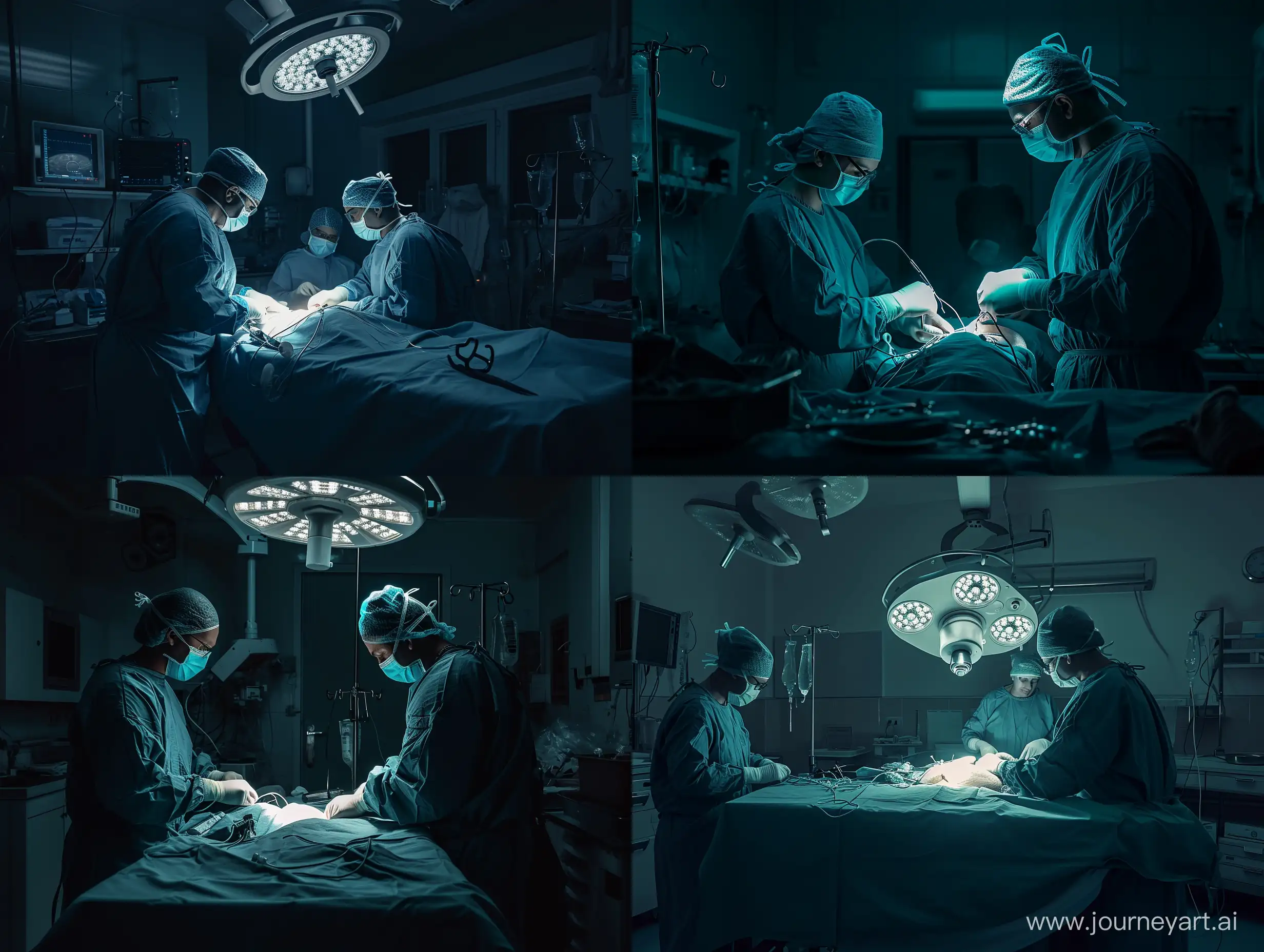 реалистичное фото из темной операционной, где врач и медицинская сестра проводят лапароскопическую операцию по удалению матки, высокая степень детализации.