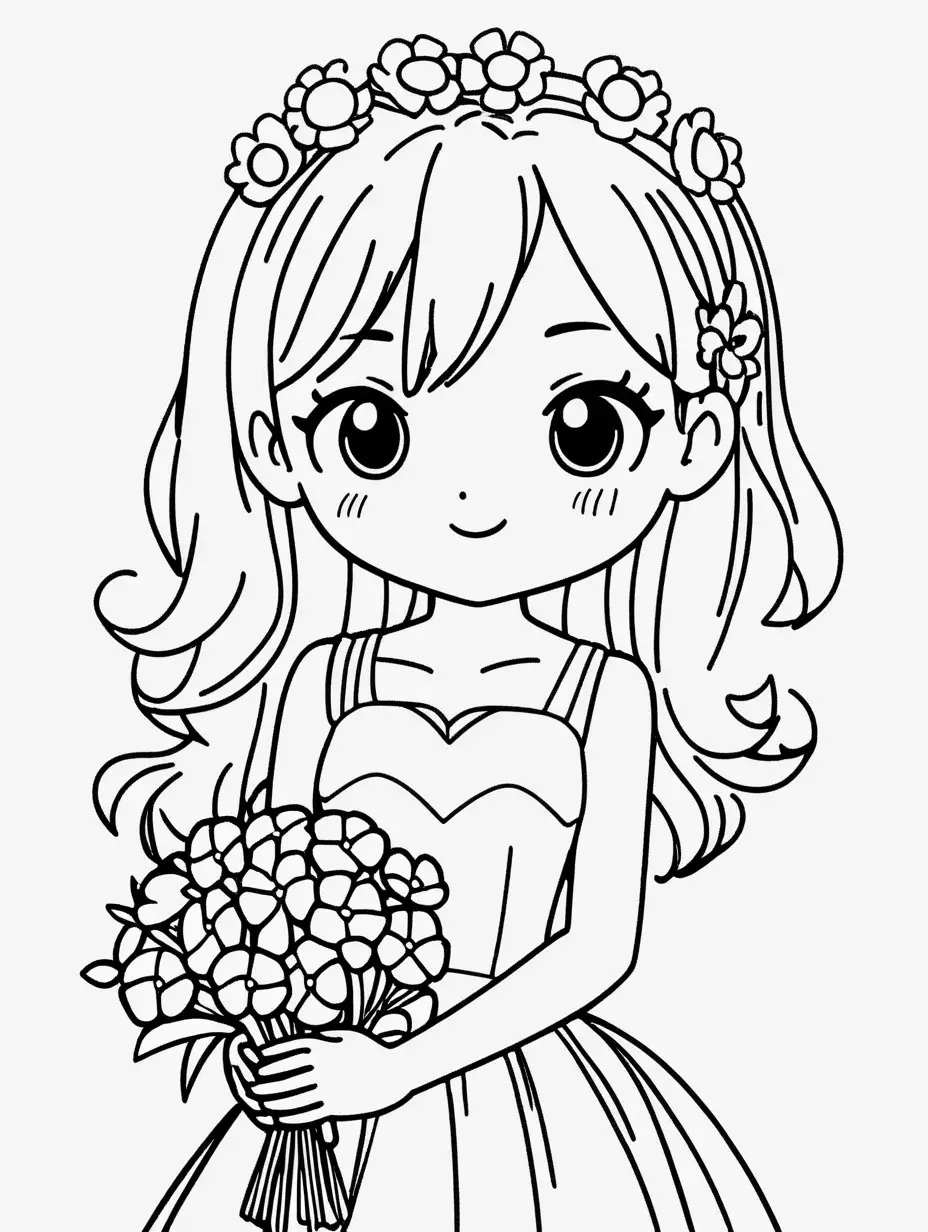 The girl is wearing a wedding dress and she appears happy. Her eyes are wide and adorable as she holds a bouquet of flowers. The drawing is outlined in black, without any additional colors, against a completely white background. The entire body is visible, and the drawing style follows a cute and cartoonish "kawaii" aesthetic.


