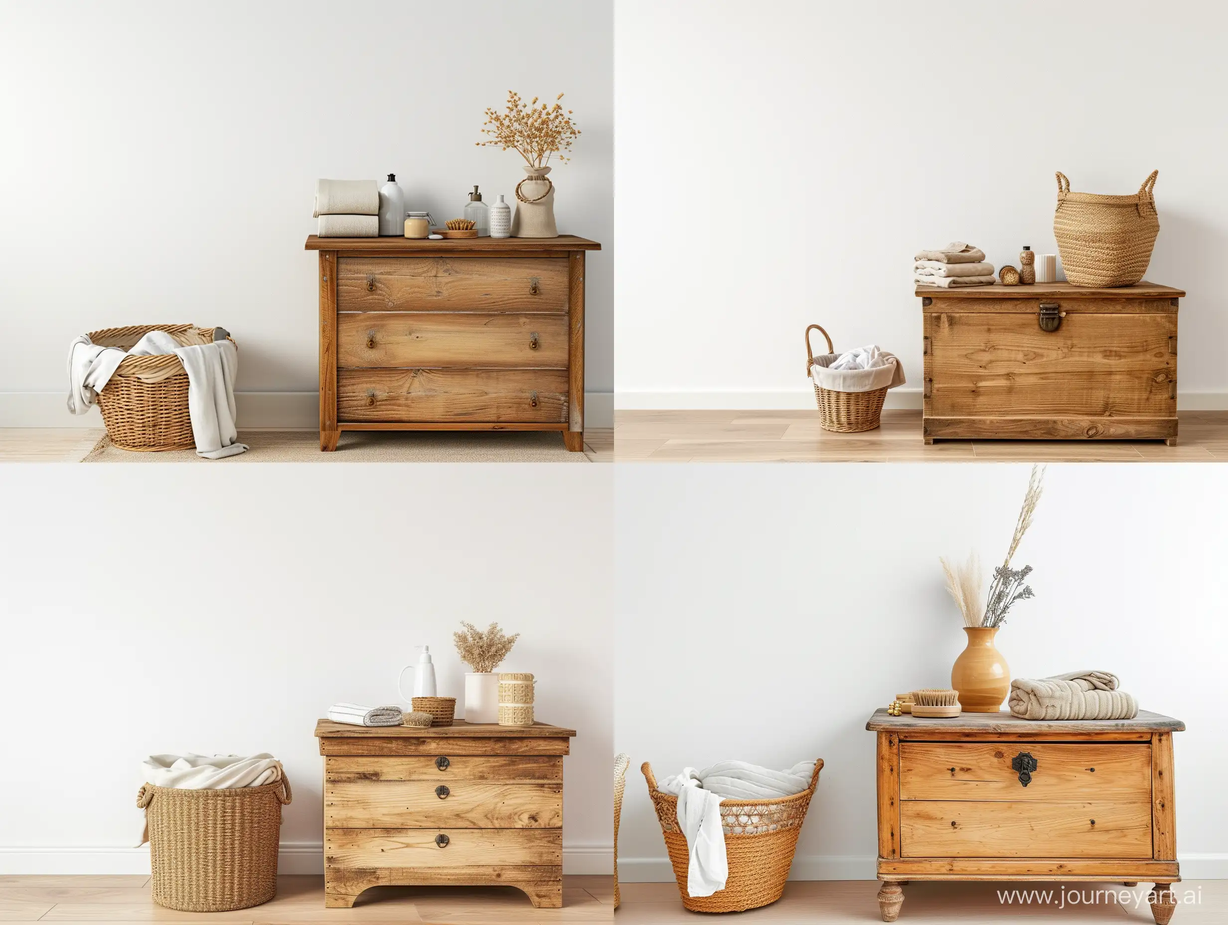 Cozy and household interior concept - small wooden chest with accecories and laundry basket on white wall background. Copyspace