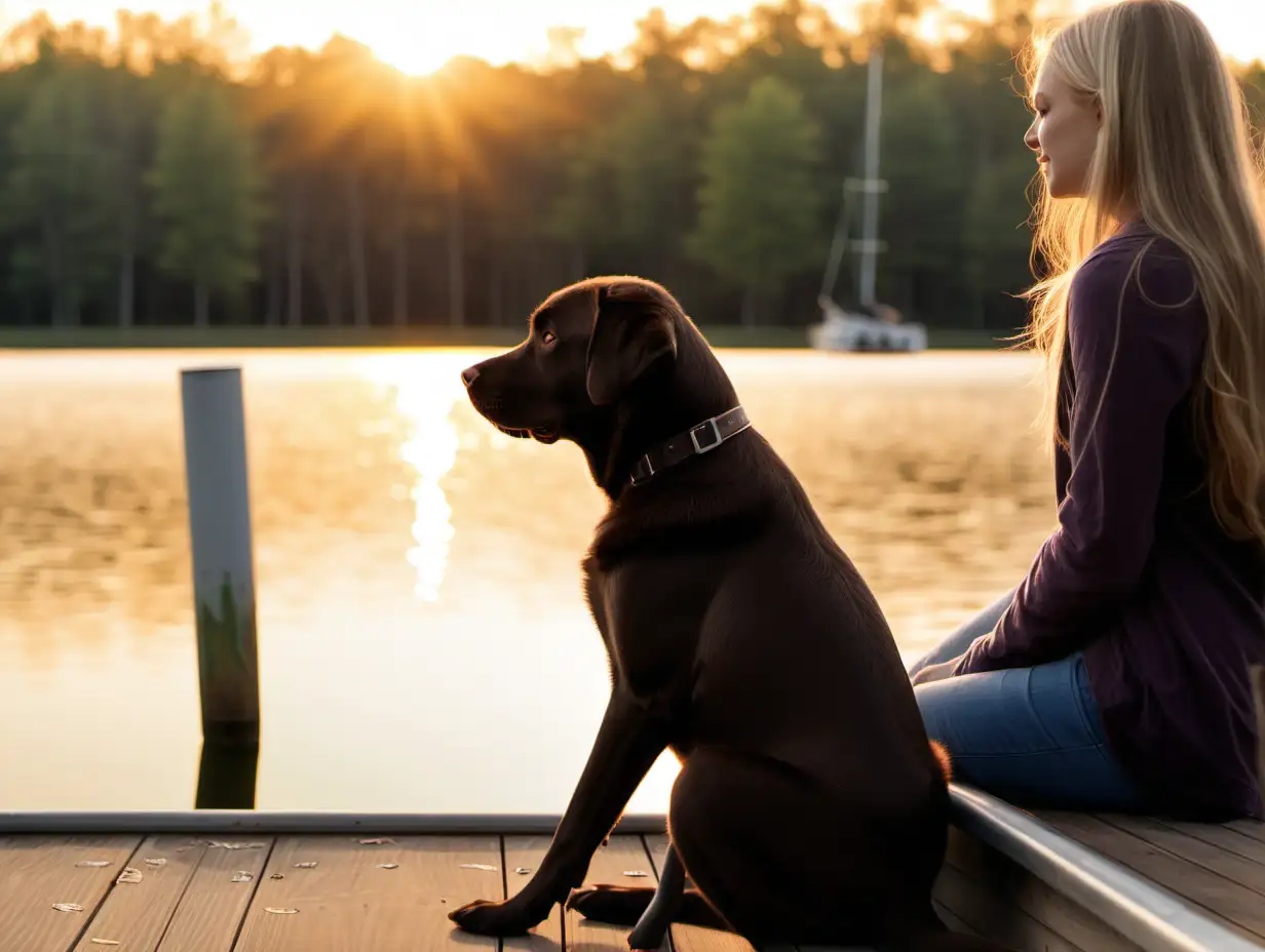 A chocolate labrador retriever sitting on a boat dock with a girl with long blonde hair. They are looking out over a pond with the sun setting in the background.  There are trees in the background.