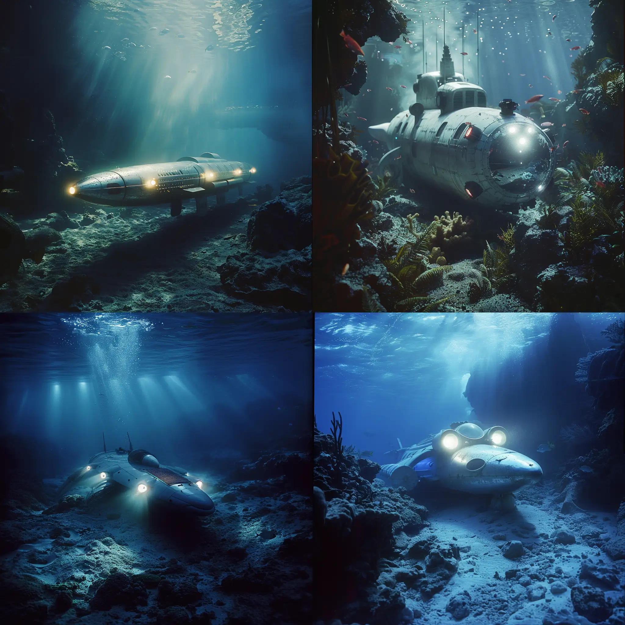 image of a alien explorership, exploring the Caribbean seabed, lights on, fish around, intricate details, best resolution, 36k, underwater photography, summer gentle light, cinematic style, shot with Kodak Portra 160::2; in the style of Peter Lindbergh:: 2 --style raw