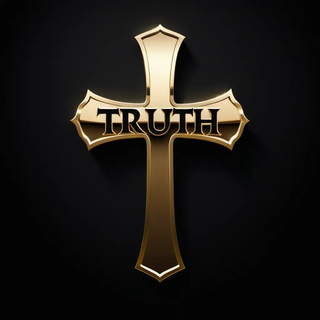 Gold religious cross, logo, says TRUTH, black background 
