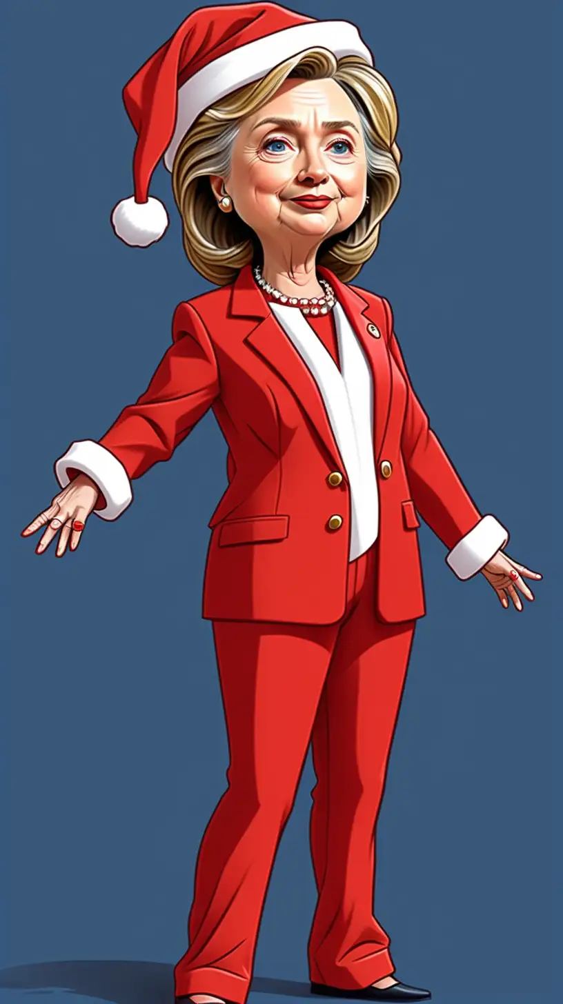 A Cartoon full body Hillary Clinton in a red pantsuit wearing santa hat