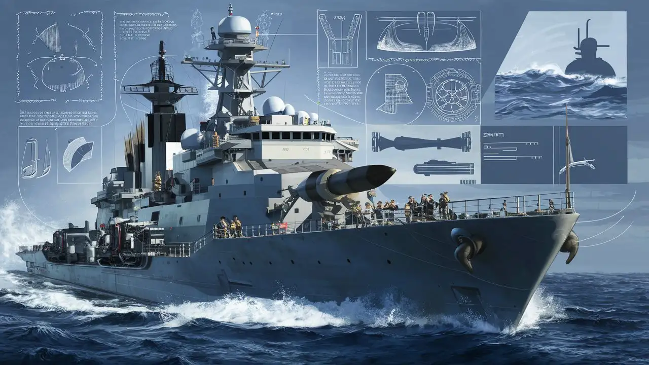 Advanced AntiSubmarine Vessel with Futuristic Design and Submarine Silhouette