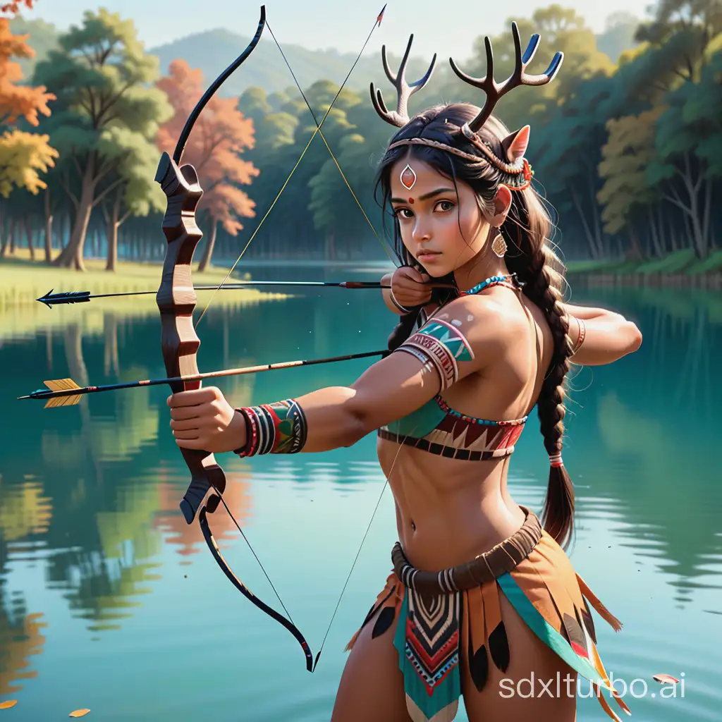 NAGRAJA   Follow 8h A (((tribal girl))) with focused intensity, directing her gaze through a drawn bow and arrow aimed at a group of deer grazing peacefully in a (((serene lake setting))), their movement mirrored by the gentle ripples of the water and the twitter of birds, while a quiver filled with tension-ready arrows hangs softly against her back, evoking an air of calm control and expert precision