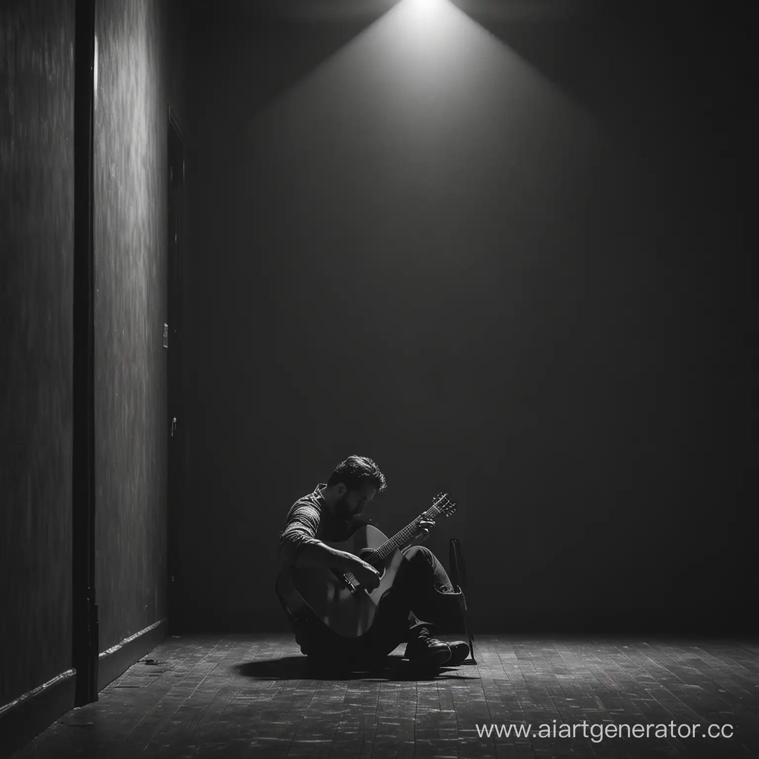 Грустный человек сидит в тёмной комнате один с гитарой