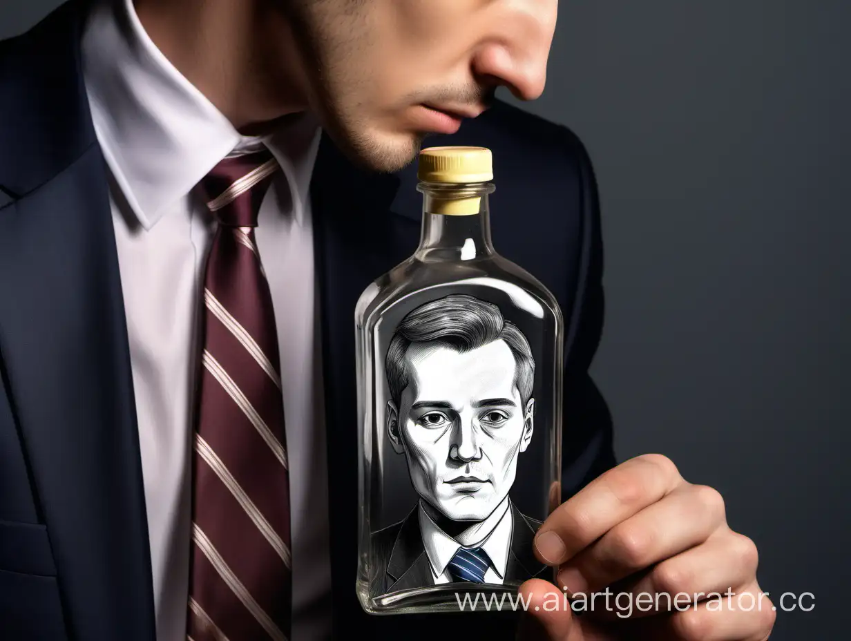 Нарисуй крупным планом прозрачную бутылку алкоголя, за ней поллица респектабельного мужчины в костюме галстуке, поллица спившегося человека
