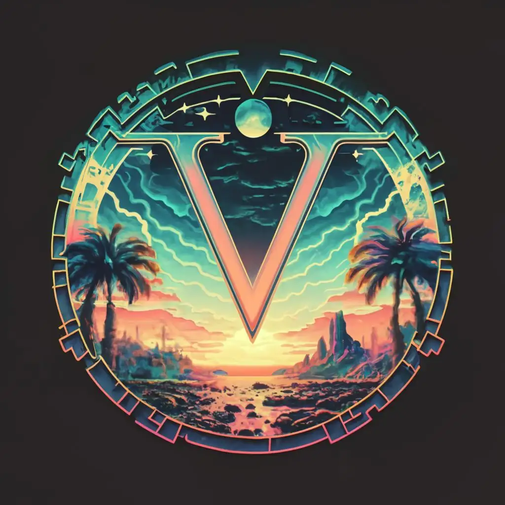 logo, synthwave style, letter V in center, sunset in background, stars in the sky, palm trees and Greek ruins, in circular badge, with the text "Vespertine", typography, be used in Entertainment industry