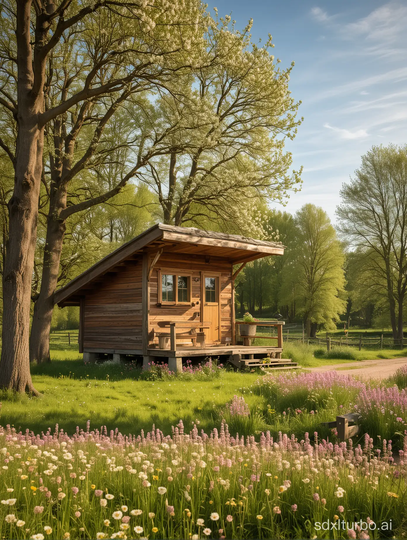 A digital potrayal of Mulda in the heart of Mettelsachen,a wooden cabin, enbematic of rural german architechture,stands amid a flowering meadow under the soft spring sunlight, this embodies the peaceful essence of the saxony countryside,inviting viewers to relish the vibrant colors and calming sounds of nature's rebirth