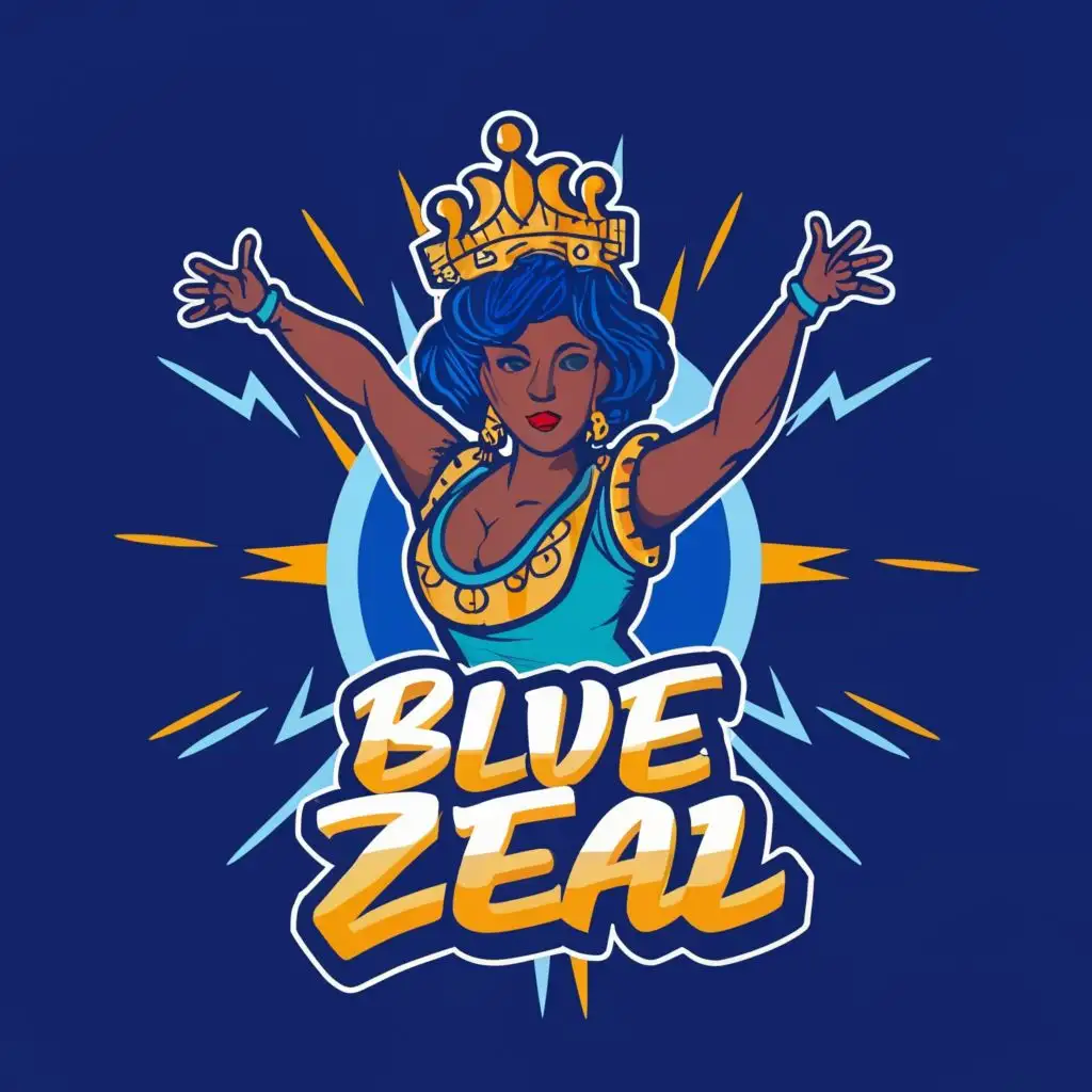 a logo design,with the text "Blue Zeal", main symbol:larger than life, African, female, soror, pop art,Moderate,be used in Entertainment industry,clear background