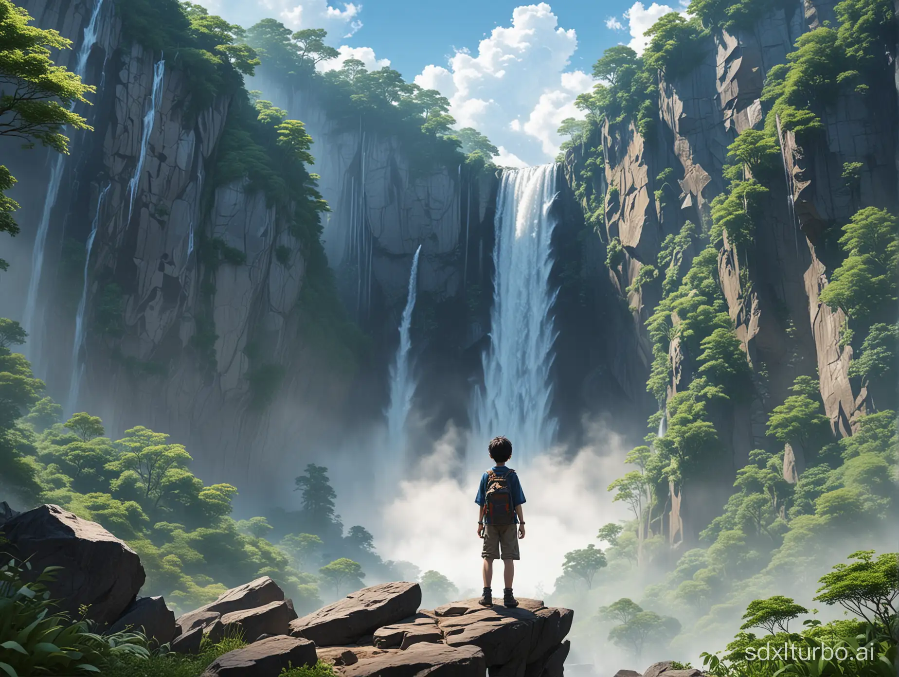 Tranquil-Anime-Landscape-Serene-Boy-at-Majestic-Waterfall-Cliff