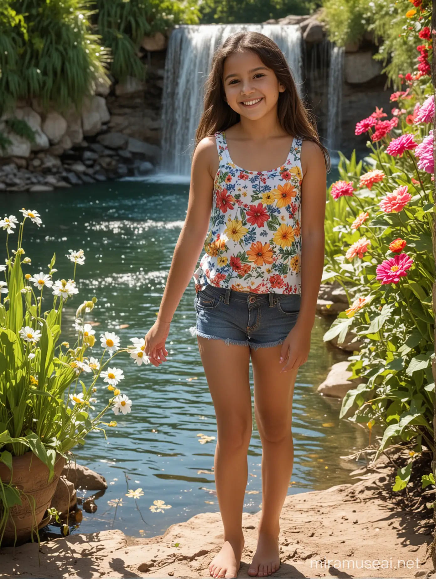 12 year old cute sweet adorable Mexican decent long straight wavy dark hair extremely cute short tank top tight shorts flower garden with a waterfall and a lake barefoot playful happy sunny beautiful day full body full view showing tummy braces 