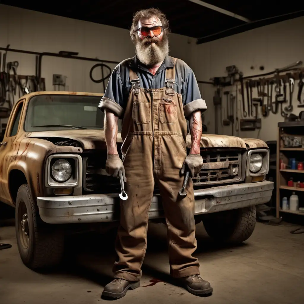 Scary Full body shot of a middle-aged, nerdy-looking hillbilly mechanic. He is holding a wrench in his hand. He has a beard. he is wearing amber glasses.
He wears tan coveralls with blood and motor oil stains on them. Camera angle shows him from head to toe.