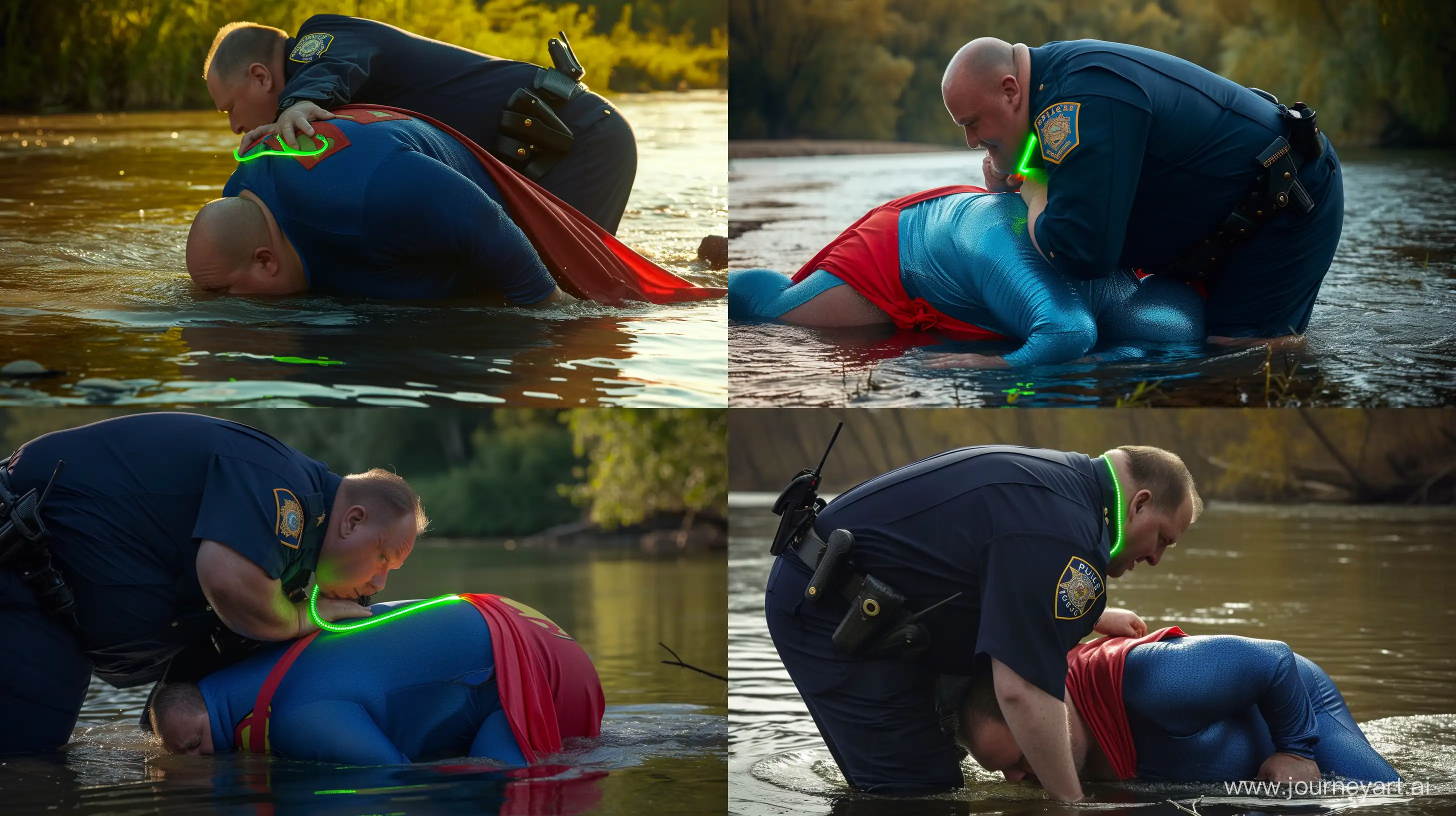 Close-up photo of a fat man aged 60 wearing a navy police uniform. Bending behind and tightening a tight green glowing neon dog collar on the nape of a fat man aged 60 wearing a tight blue 1978 smooth superman costume with a red cape crawling on all four in the water. Natural Light. River. --style raw --ar 16:9