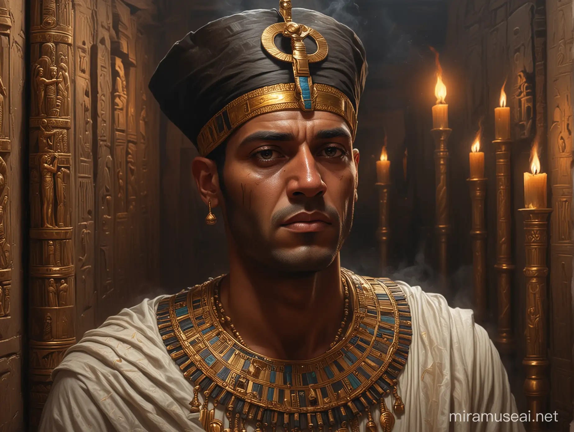 A hyperrealistic, dark, and atmospheric close-up of an Egyptian temple priest about to begin the process of mummifying Cleopatra. It is in the very initial stage where internal organs are being handled. Torches on the walls, gold ornaments, ultra-detailed, ultra-close-up., Oil Painting, vibrant style.