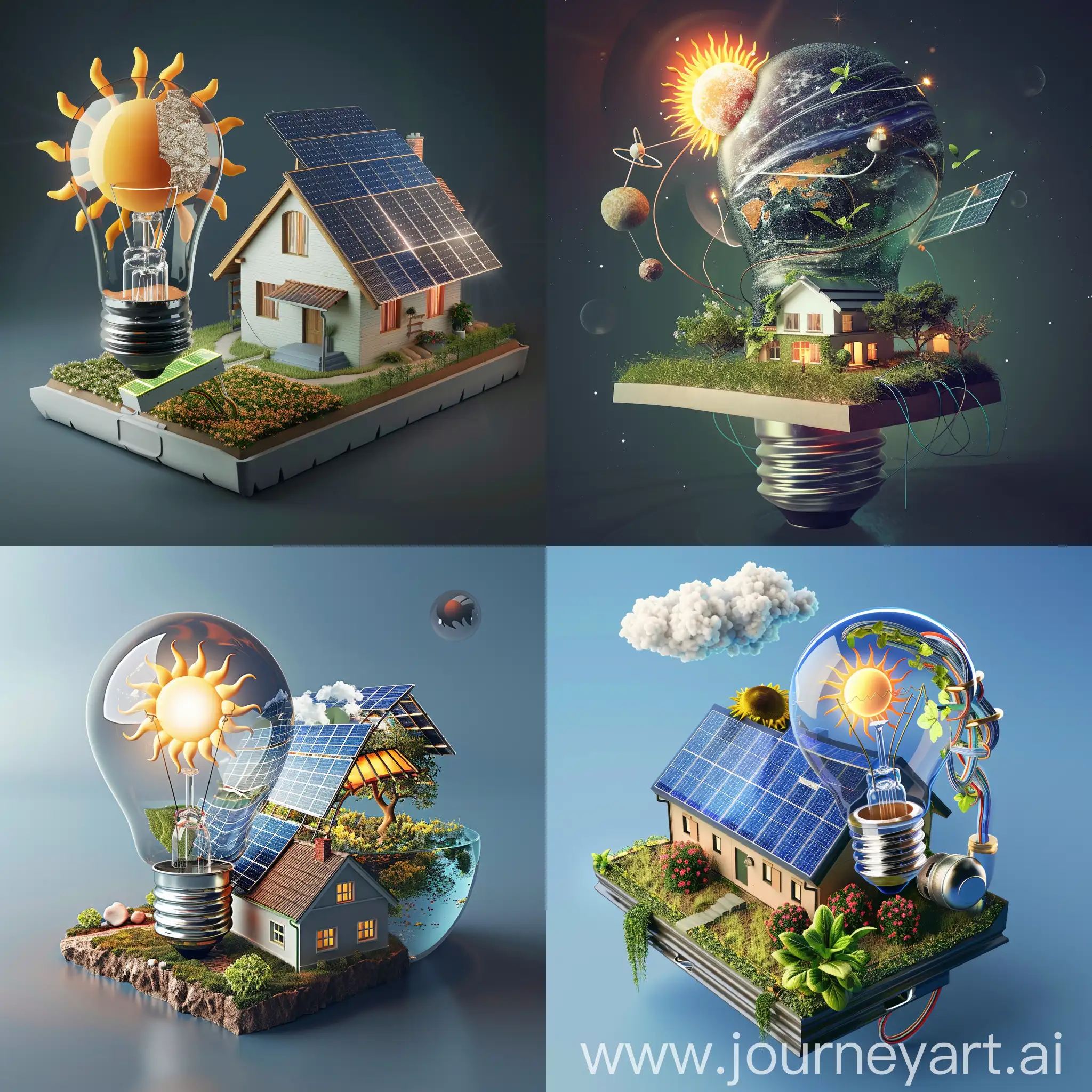 A socket attached to a creative bulb contains solar energy system and sun,and a house contains solar panels.