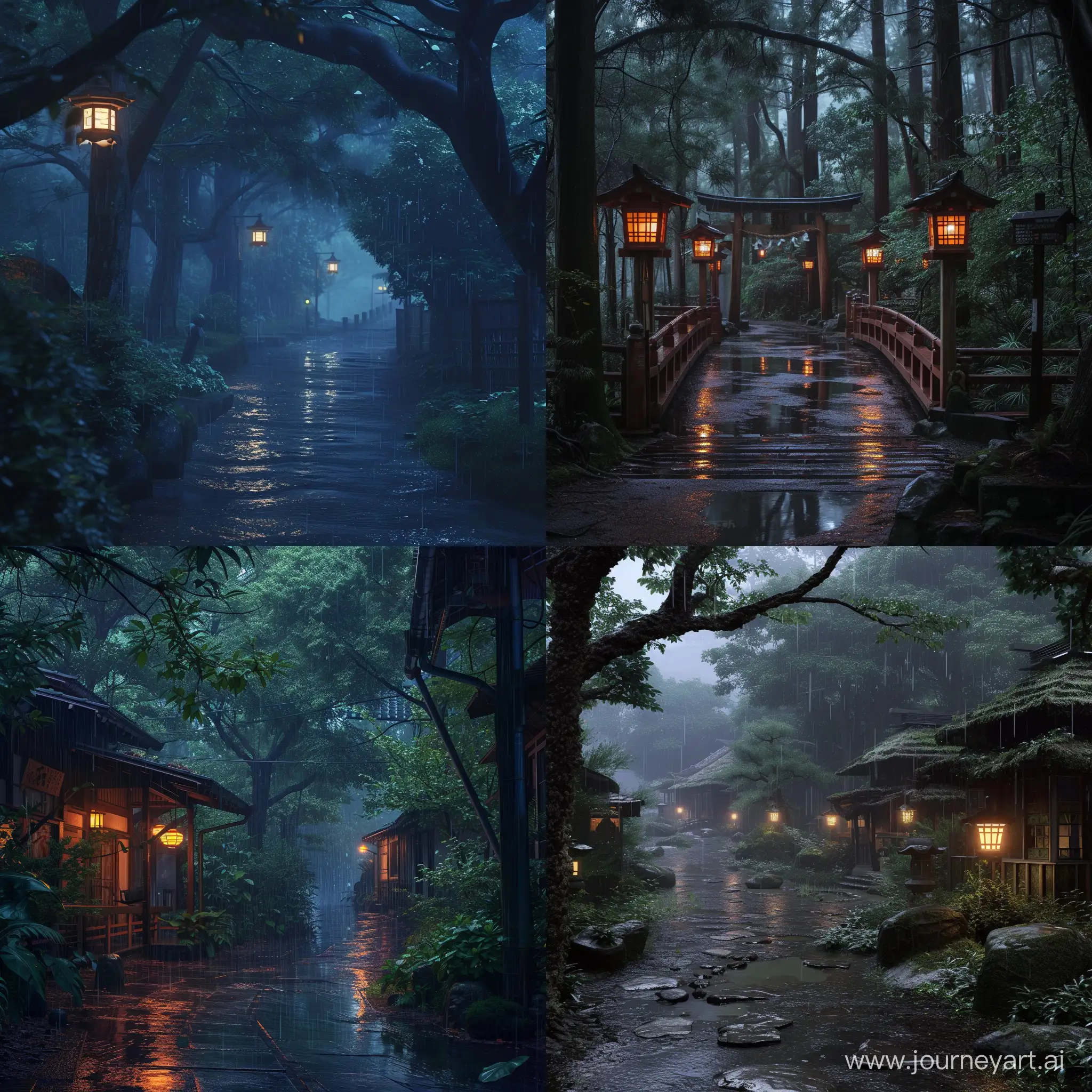 Enchanting-Night-Scene-in-a-Rainy-Japanese-Forest
