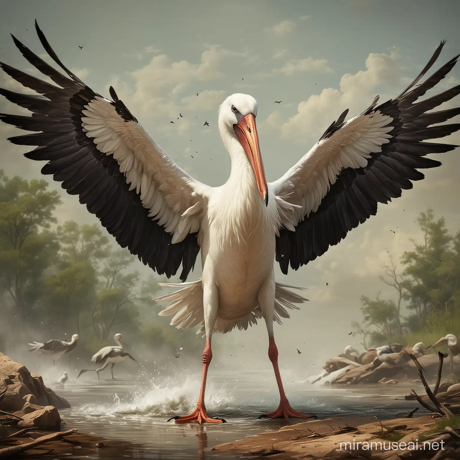Dynamic Stork Battle Scene Illustration