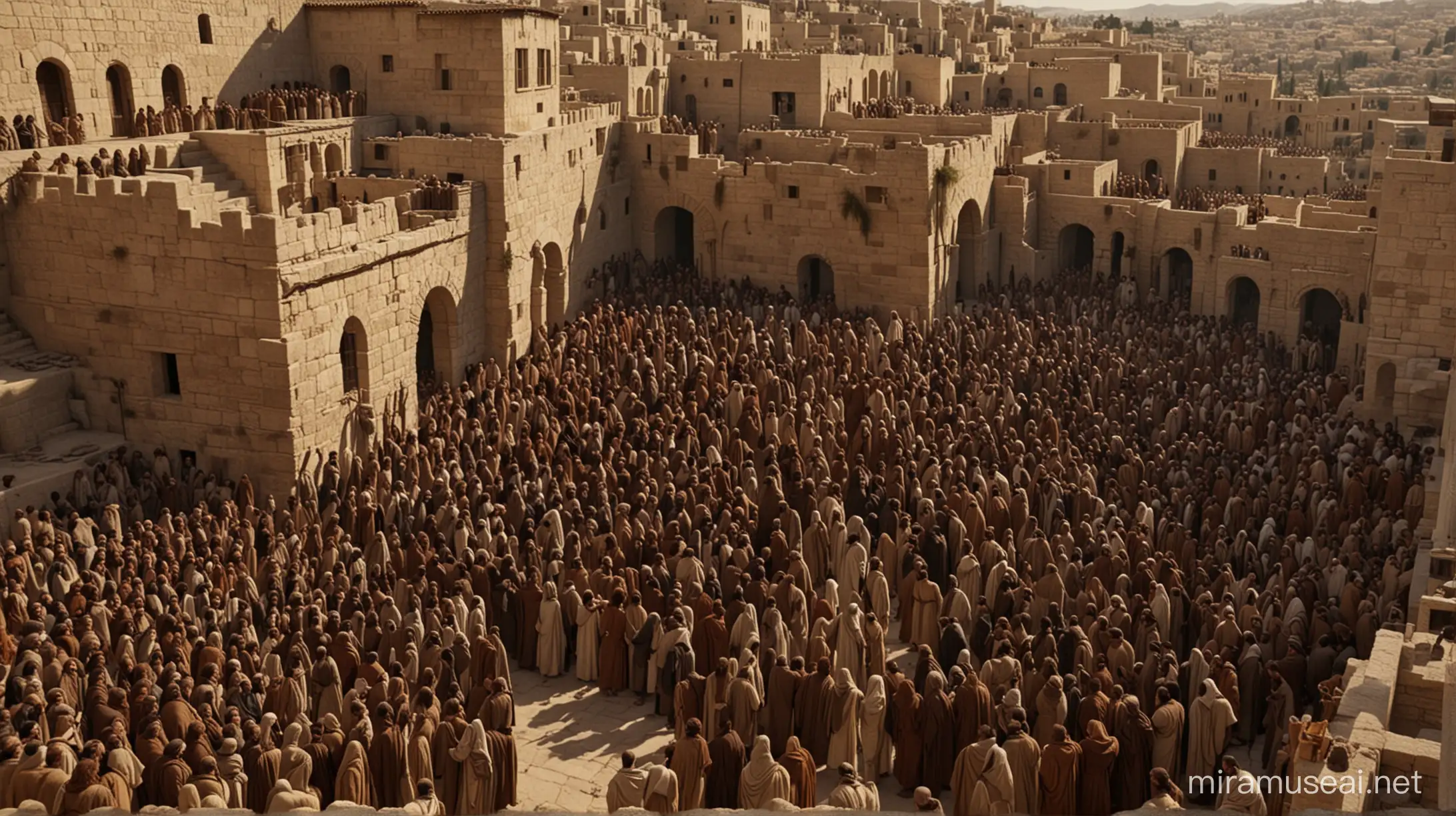 create image of Jesus in a 1st century Jerusalem house, gathered with his followers. 6k resolution, more realistic, based on the movie The Passion of the Christ.