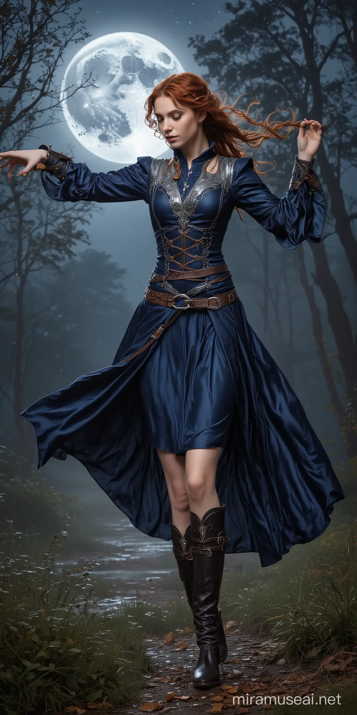 half-elf, fantasy, forgotten realms, wiry, small frame, auburn hair, dancer, fine courtly dark blue covering dress with silver highlights, fully clothed, fine flat leather boots, full moon night
