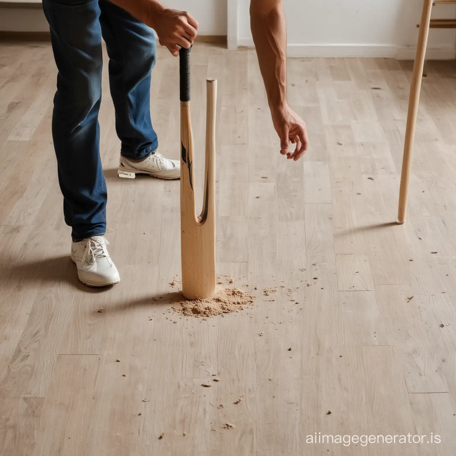 A man knock 
the cricket bat  in floor 

