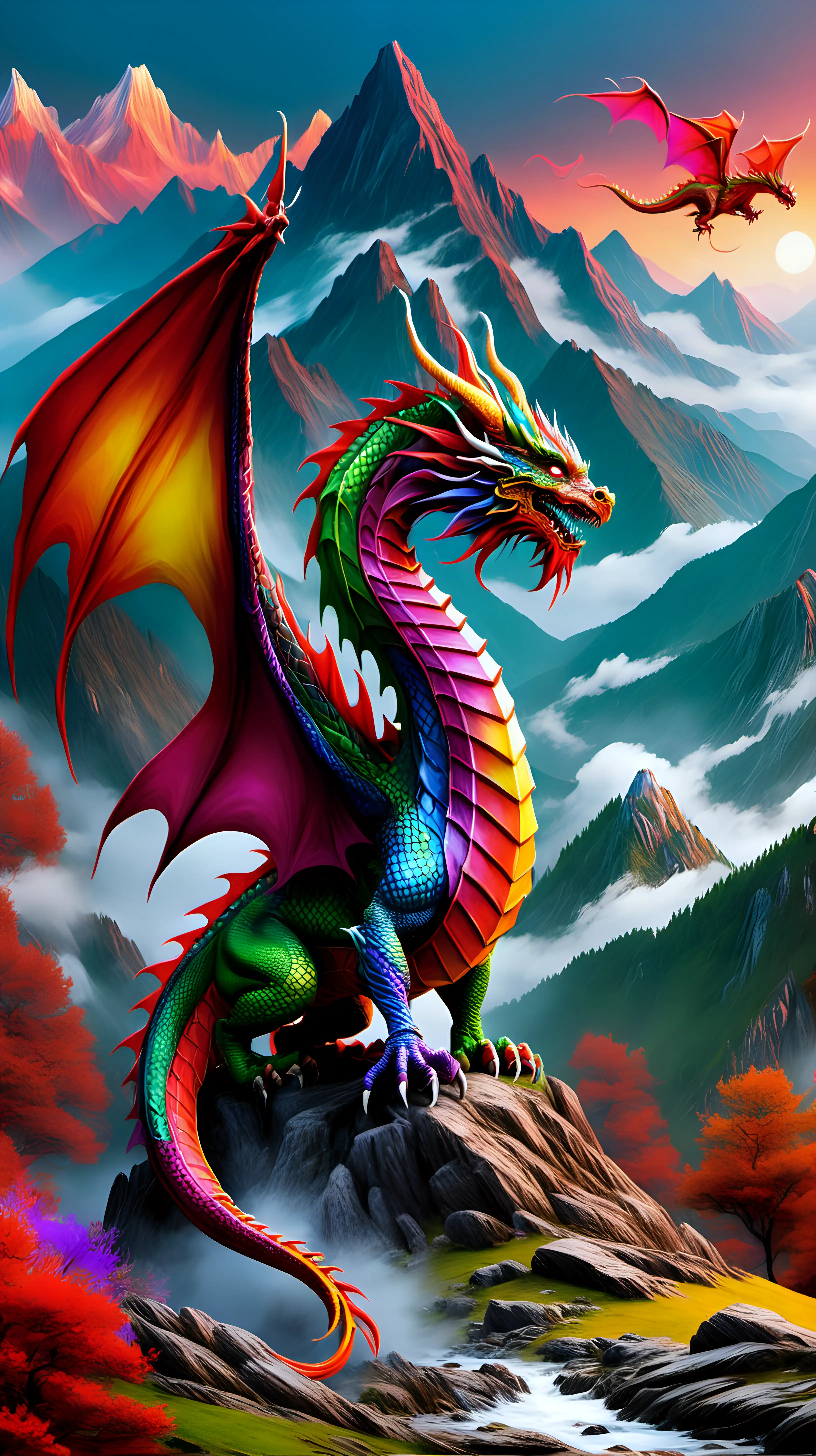 Vibrant Dragon Soaring Over Majestic Mountain Landscape