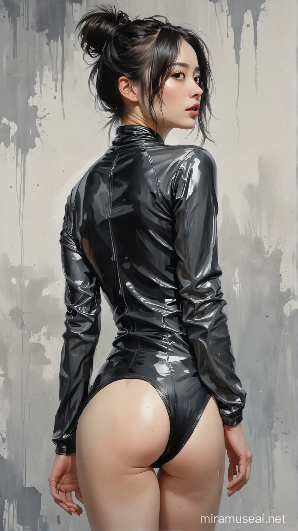 Alex Maleev illustration depicting very pale alluring evilly smirking Han Hyo-joo wearing shiny black high neck one-piece swimsuit and loose gray jacket leaning back against white wall, arms raised over her head, smooth shapely thighs, looking back haughtily over her shoulder, seductive, arms over her head, bun hair, messy watercolor, no distortion, gray palette, insanely high detail, very high quality, seen from behind, low angle view