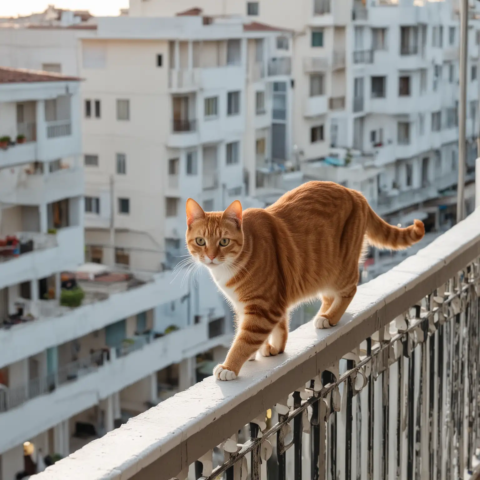 猫咪在阳台栏杆上走路，看起来比较危险