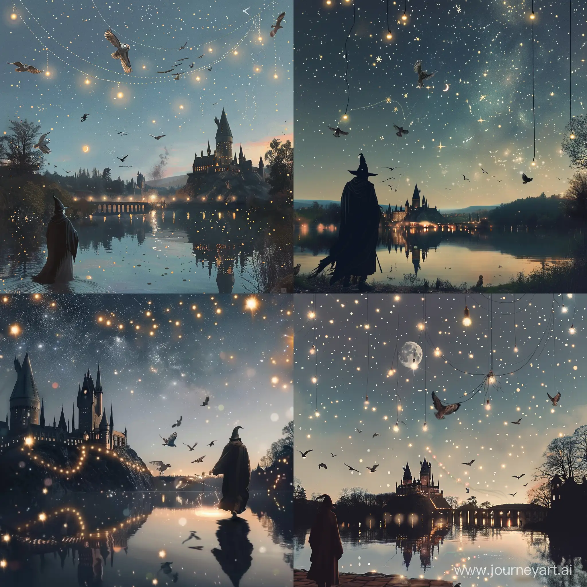 Enchanting-Night-Arrival-at-Hogwarts-with-Wizard-Owls-and-Castle-Lights