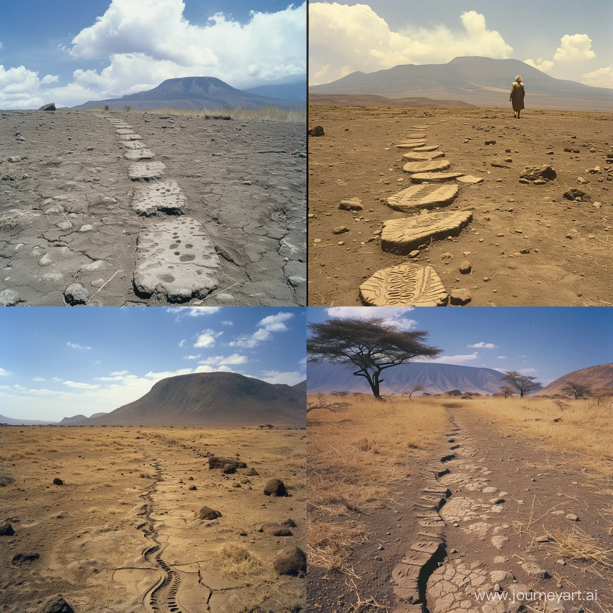 Mary Leakey discovered a 3.5 million year trackway on the dry dusty plains of 
Olduvai Gorge while looking for fossils of human ancestors by a volcano 