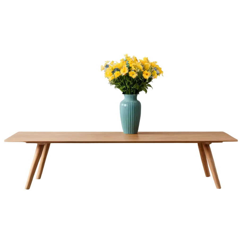 A coffee table standing against a white wall, on the table there is a vase of flowers.
