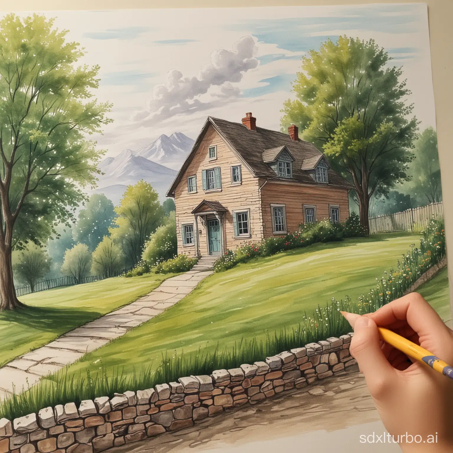 he/she draws a picture of a house with landscape