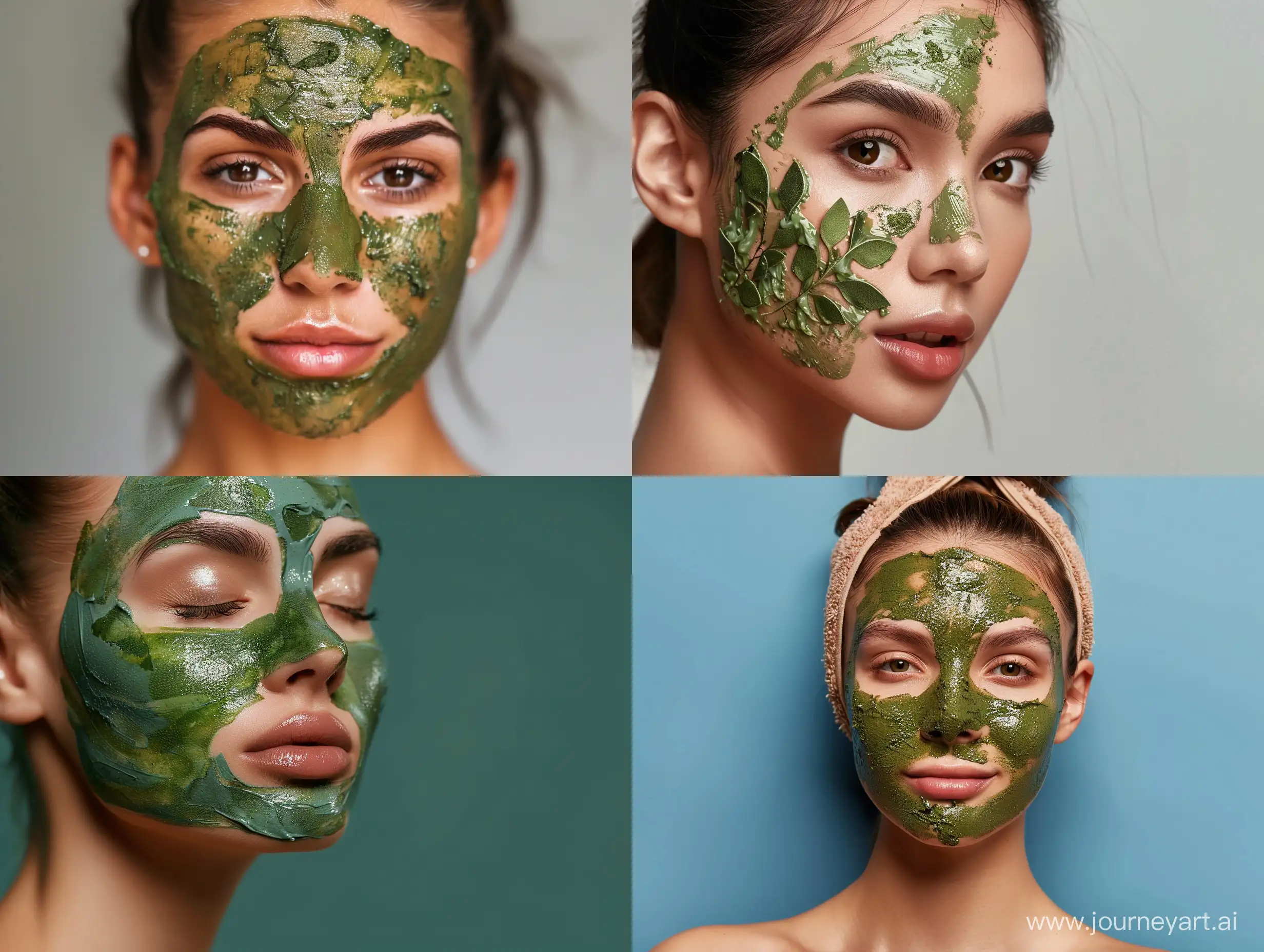 Real photo of a beautiful woman wearing a matcha tea mask on her face.