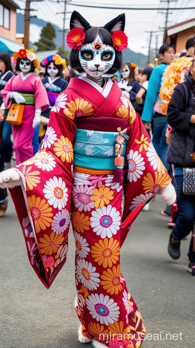 Cat-girl kimono in Dia de los Muertos parade, Japanese rural town setting
