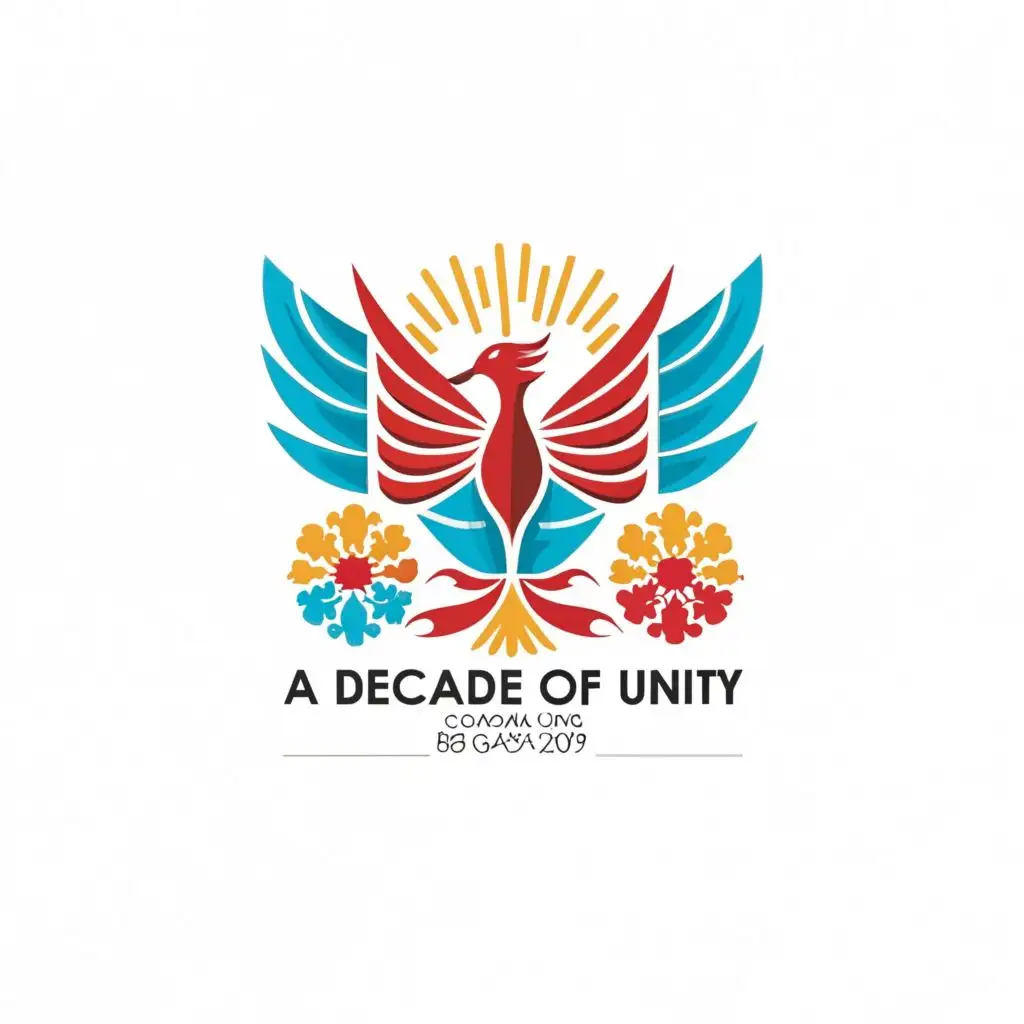 a logo design,with the text "A Decade of Unity", main symbol:Japan skyblue red gold phoenix sakura rising sun mountfuji 10,Minimalistic,be used in Entertainment industry,clear background
