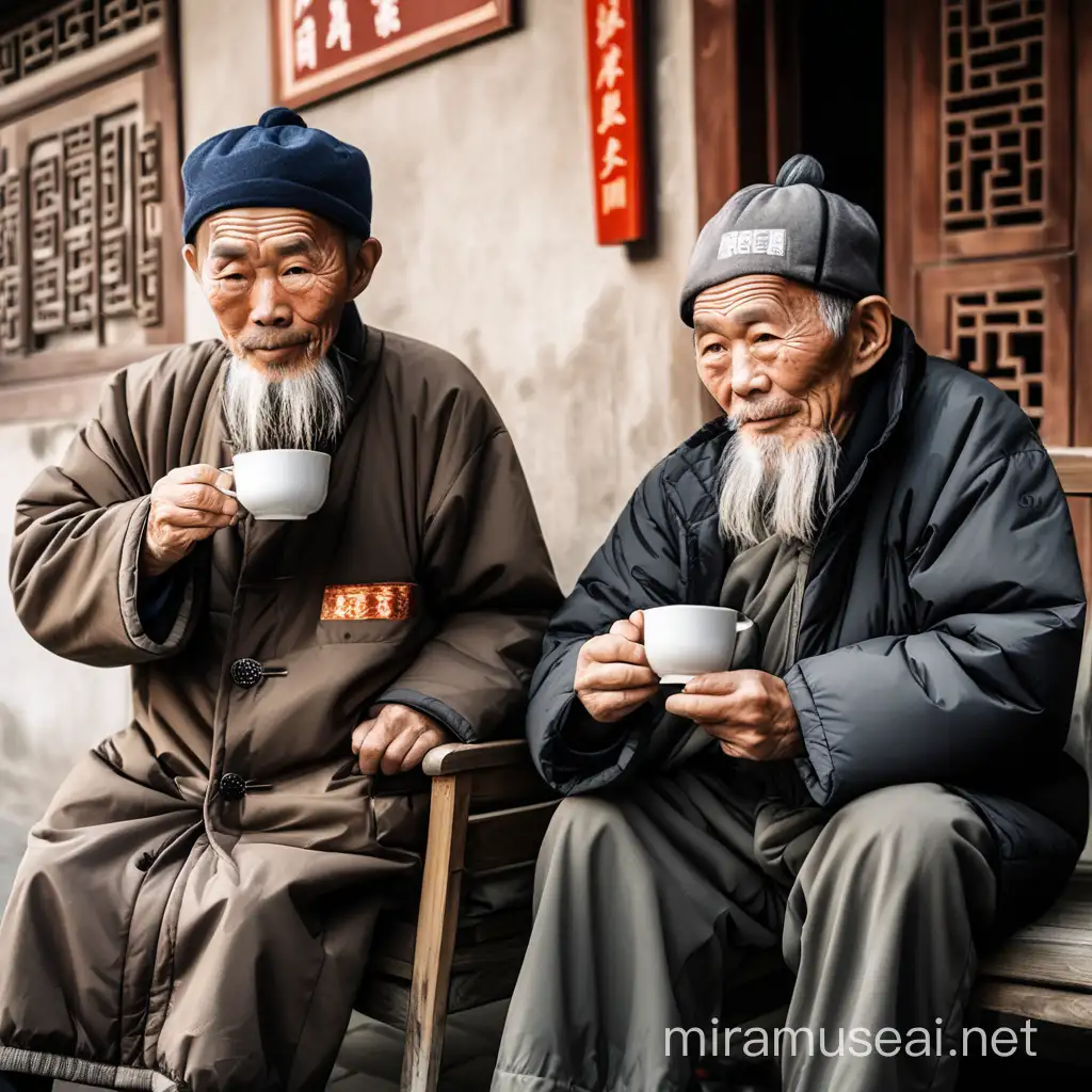 Senior Chinese Gentlemen Enjoying Coffee Together