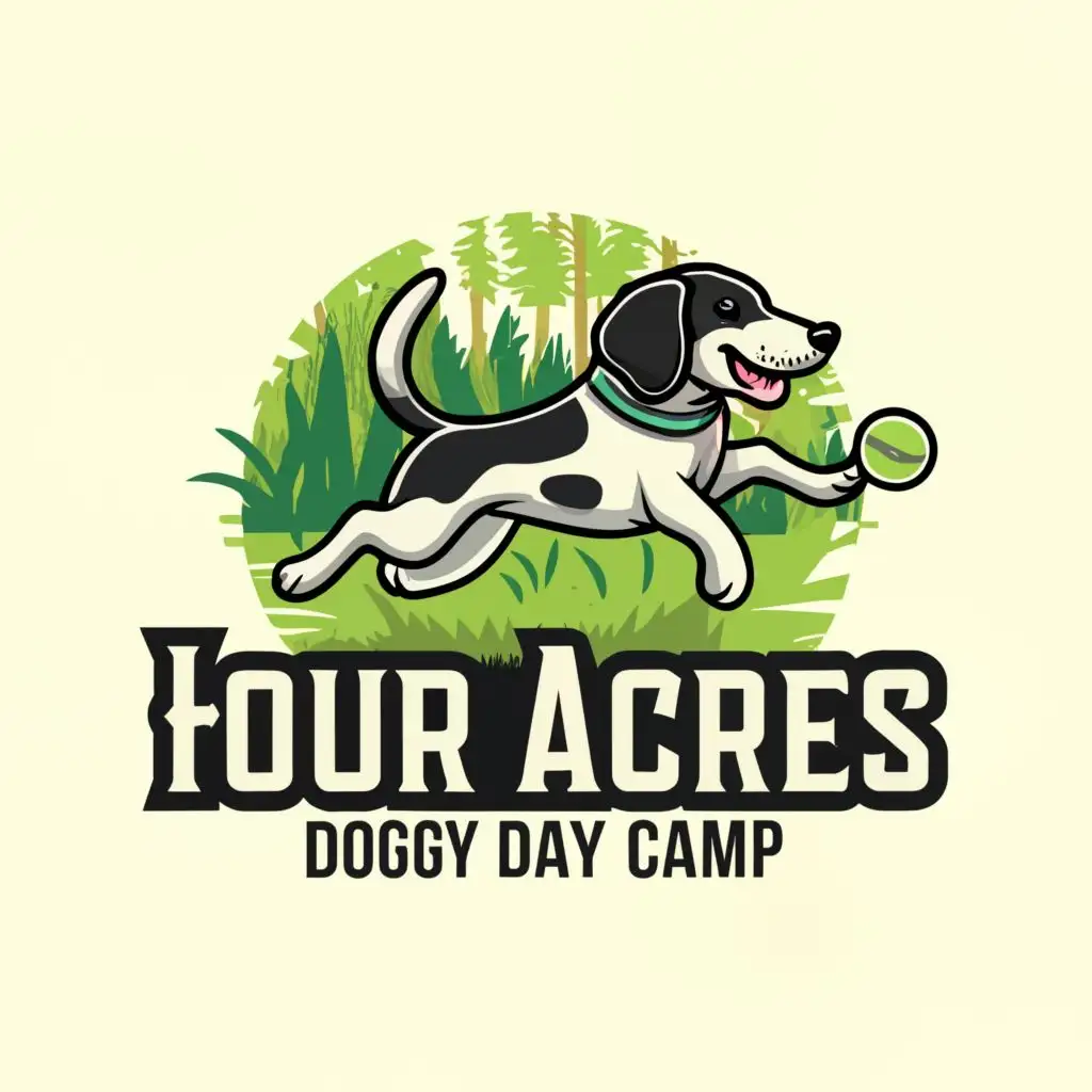 a logo design,with the text "Four Acres Doggy Day Camp", main symbol:Black and white springer spaniel with trees and grass and a tennis ball,Moderate,be used in Animals Pets industry,clear background