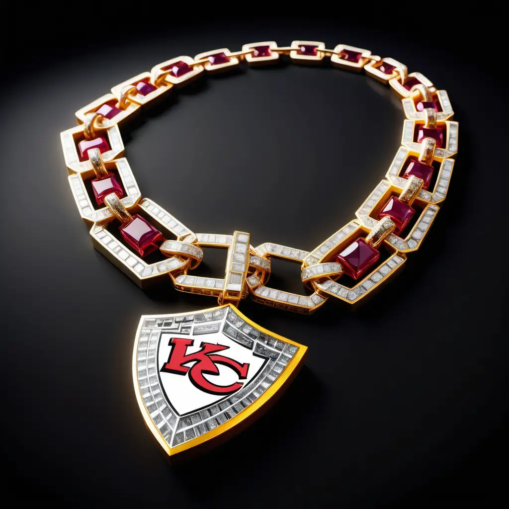 A large oversized cubic link chained necklace completely covered with rubys, white diamonds and yellow diamonds and the KANSAS CITY CHIEFS logo all black background, 3d render, illustration, cinematic