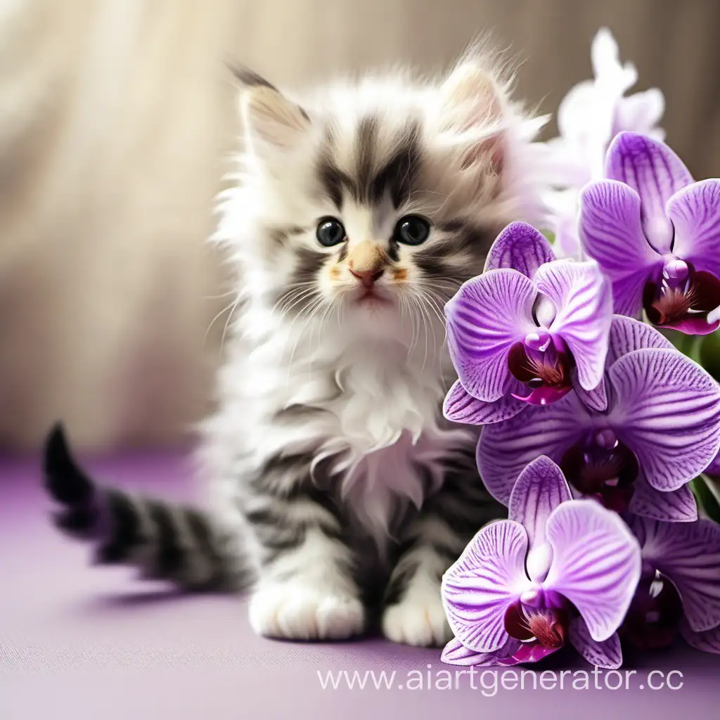 пушистый котенок с лиловыми орхидеями