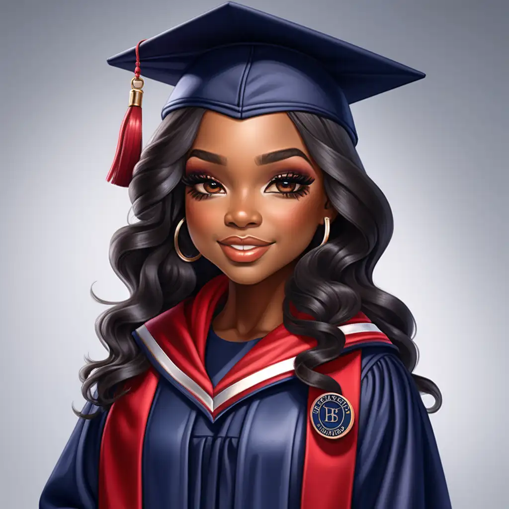 envision hyper-realistic, gorgeous, chibi style black woman, with impeccable makeup, long wavy hair, dressed in a navy blue cap and gown with red tassel, and graduation stole