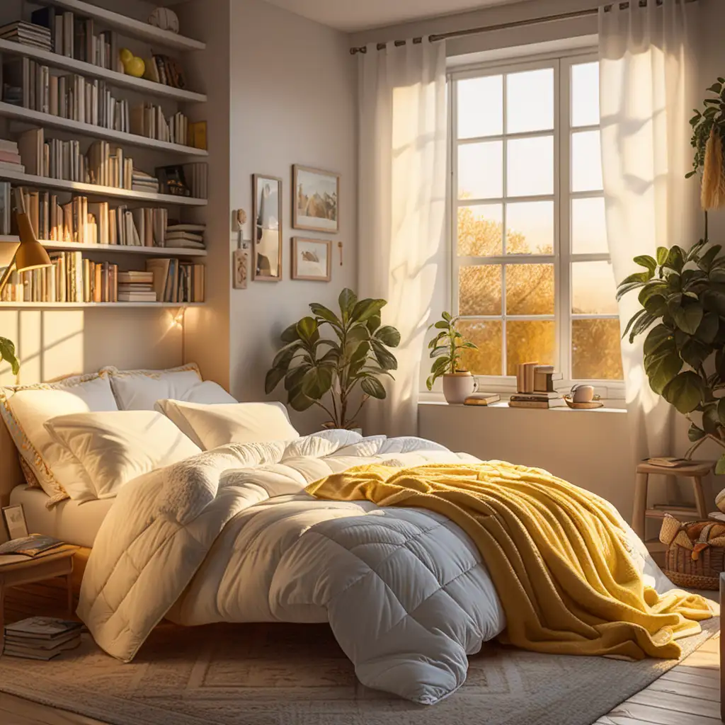 Inviting Bedroom Retreat with Sunlit Elegance and Bookshelf Charm
