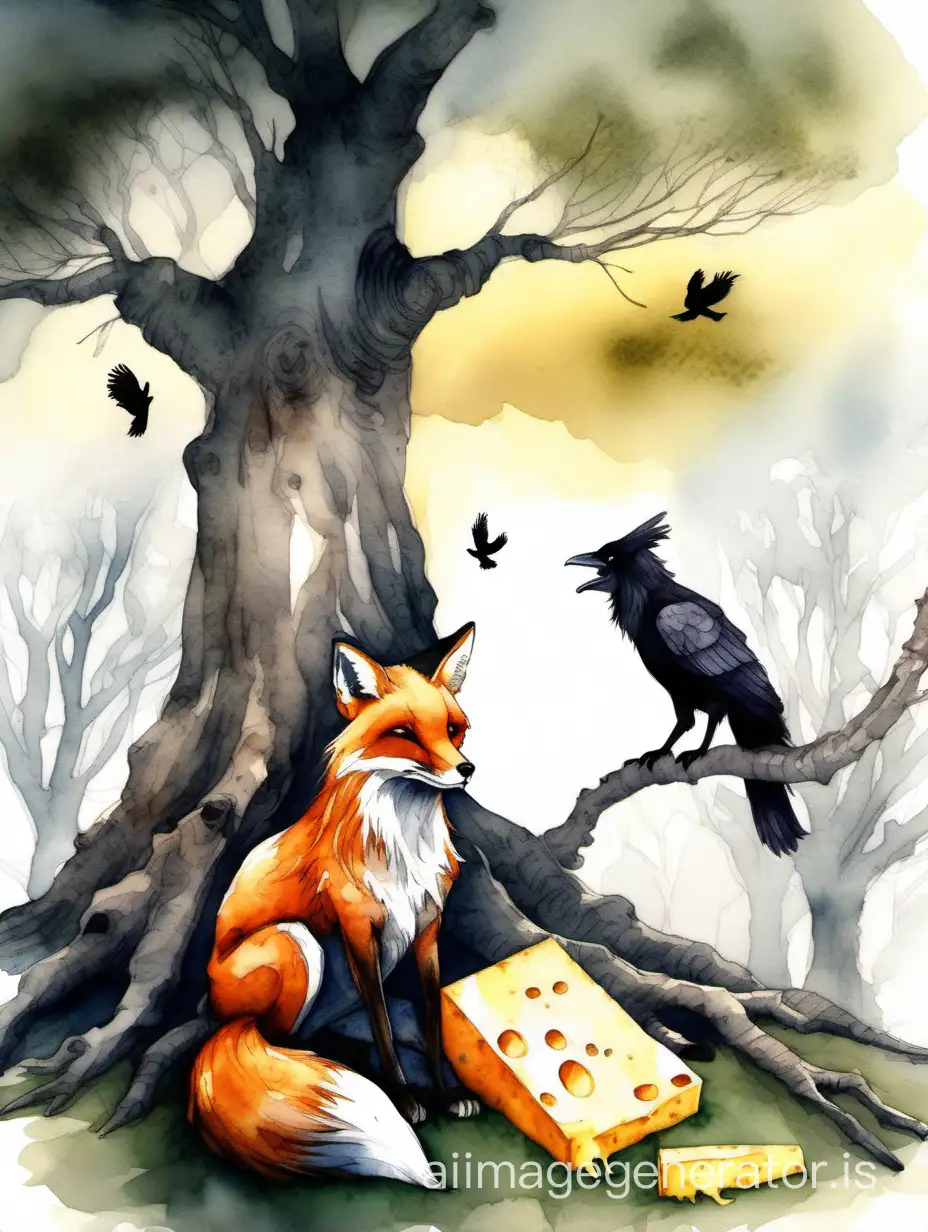 Watercolor sketch. A beautiful fox sits under a large tree and looks at a crow sitting on a branch, holding a piece of cheese in its beak. An epic cinematic painting, brilliant, stunning, intricate, meticulously detailed, dramatic, atmospheric, maximalist digital matte painting. Aerial watercolor.