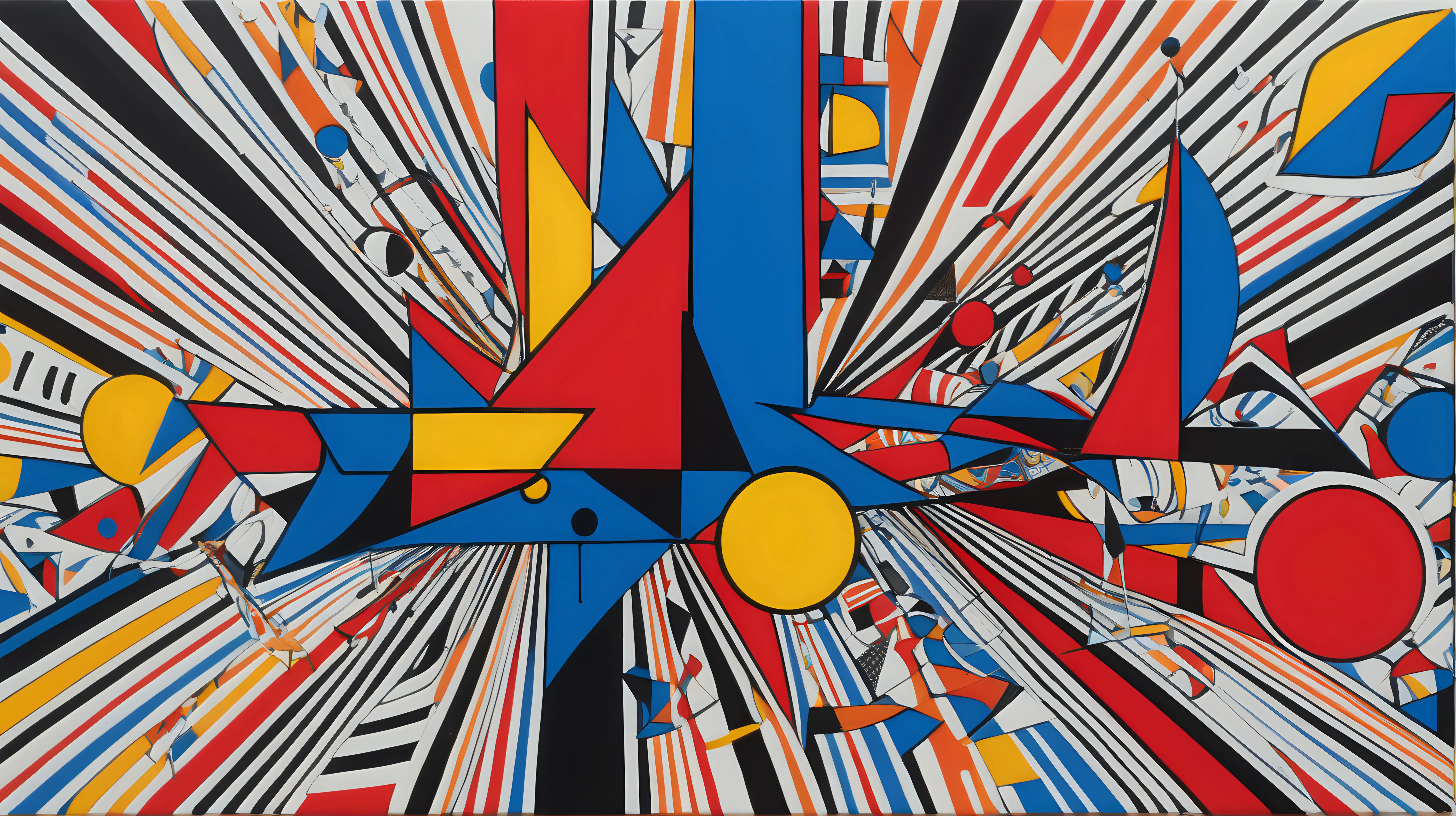 A controlled chaos of intersecting lines and shapes in bold primary colors, representing the beauty found within disorder.