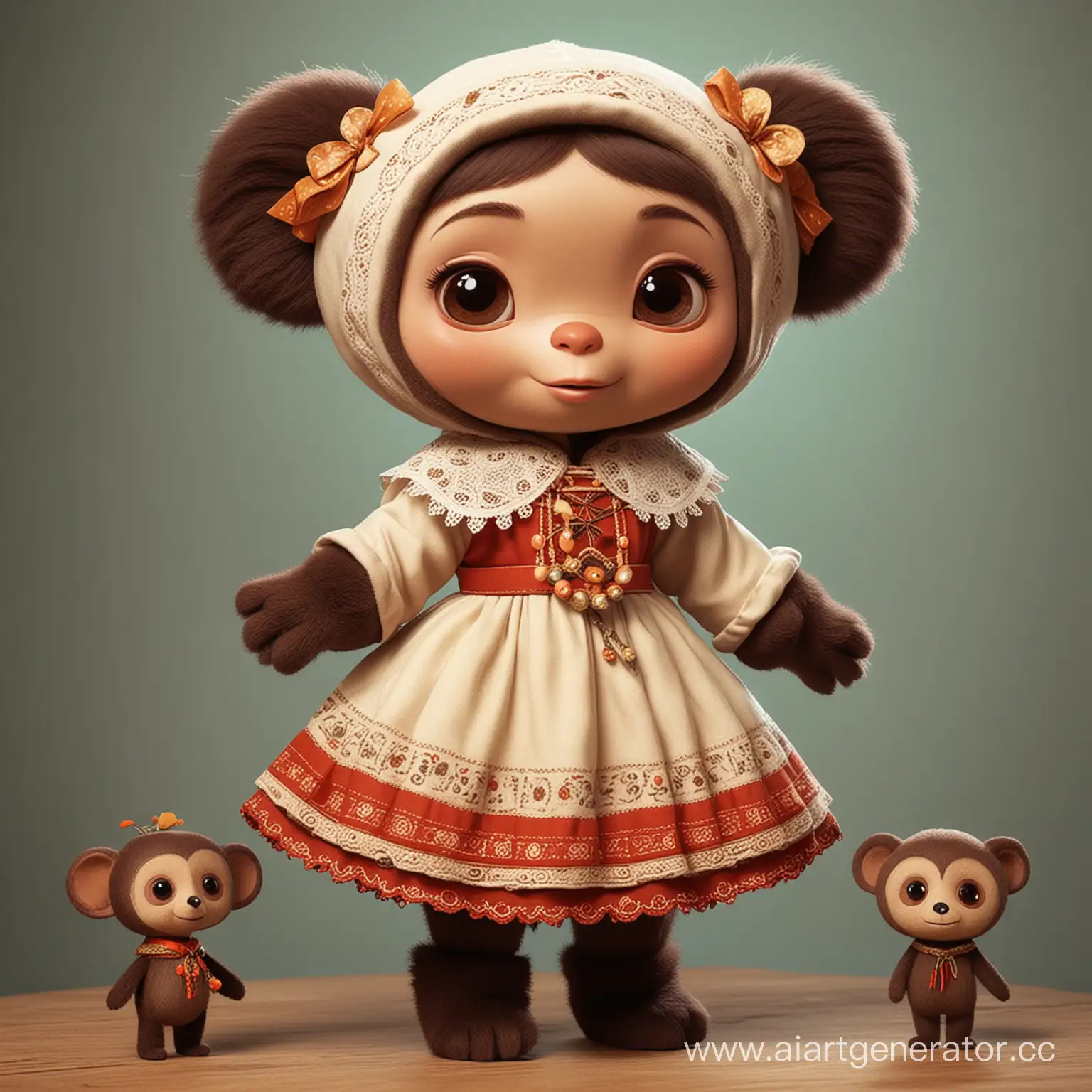 Cheburashka-Cartoon-Character-with-Russian-Folk-Costume-Girl